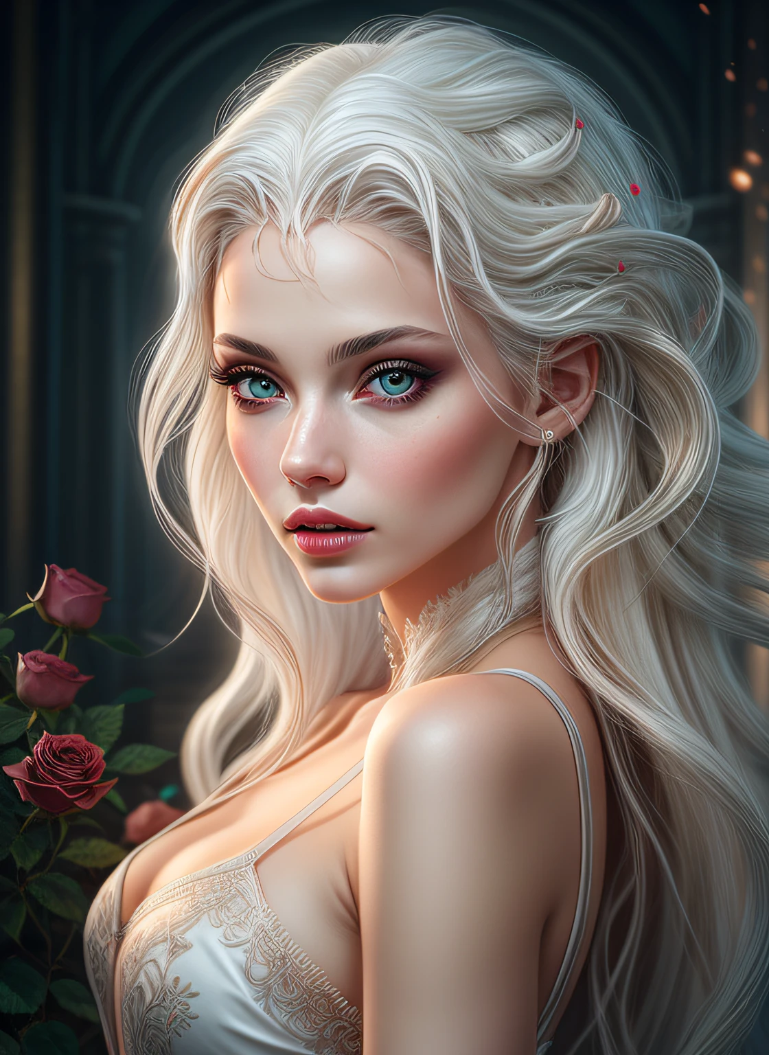 masterpiece, highest quality, approaching perfection, (perfect face:1.1), (high detail:1.1), dramatic, (female vampire), pale skin, (long pure white hair:1.4), white eyes, solo, long hair, white luxury suit, covered navel, snob, albino, Luminous Studio graphics engine, pouty lips, devil, volumetric lighting, detailed eyes, (8k wallpaper masterpiece), hyper detailed, intricately detailed, overwhelmingly pixel perfect, roses, fashion, seductive pose, on side, beautiful detailed glow, looking at viewer, BalenciagaStyle, full body,
