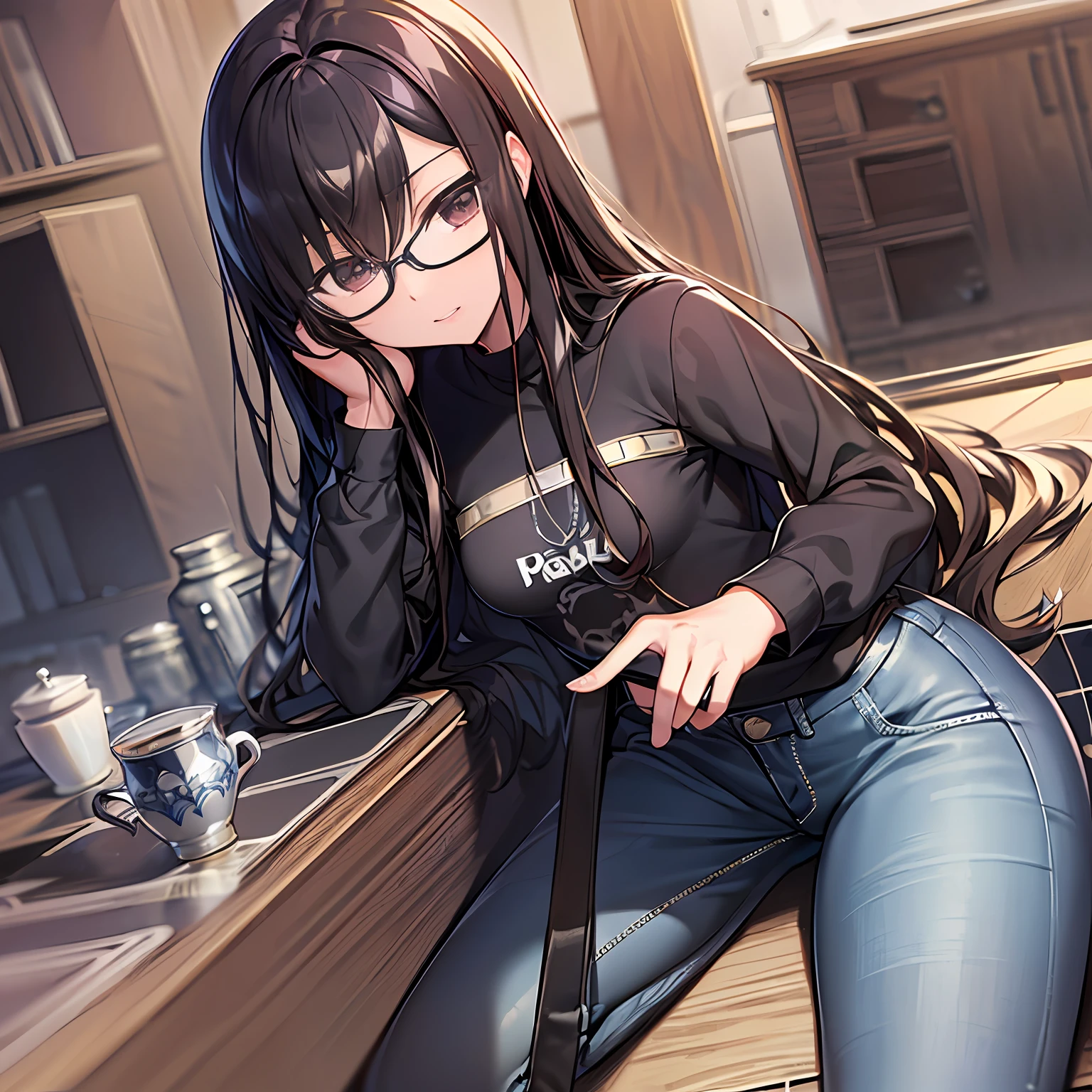 ultra- detailed、((Master Masterpiece、maximum quality、highdetail))、Hard rim lighting、((Dramatic lighting))、Sharp focus、One girl、Code Geass、C.C.、Dark hair、Black-rimmed glasses、The whole body、Shirt、jeans、Small breasts、Slender
