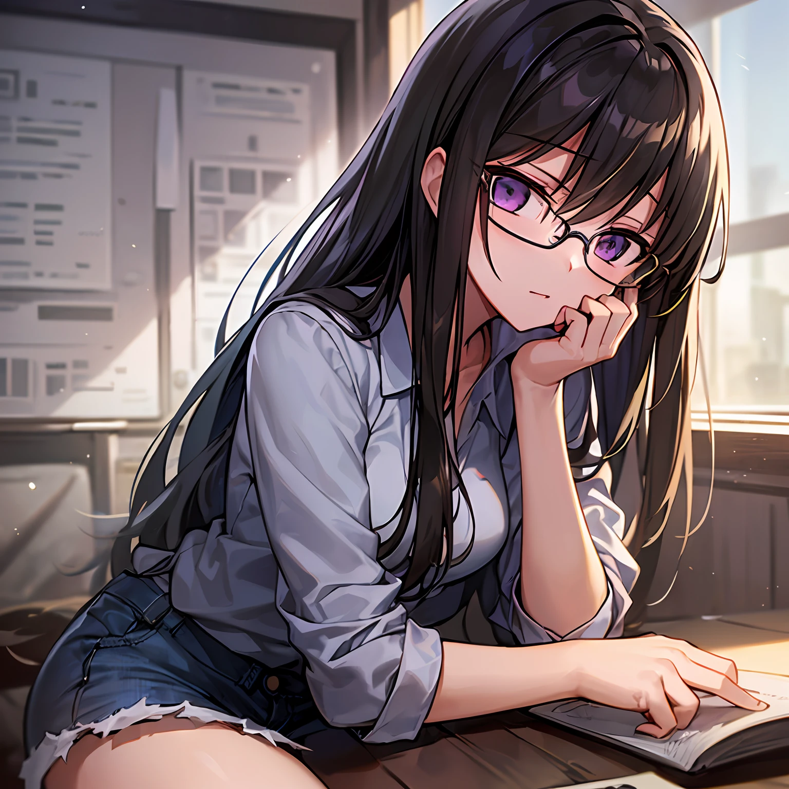 ultra- detailed、((Master Masterpiece、maximum quality、highdetail))、Hard rim lighting、((Dramatic lighting))、Sharp focus、One girl、Code Geass、C.C.、Dark hair、Black-rimmed glasses、The whole body、Shirt、jeans、Small breasts、Slender