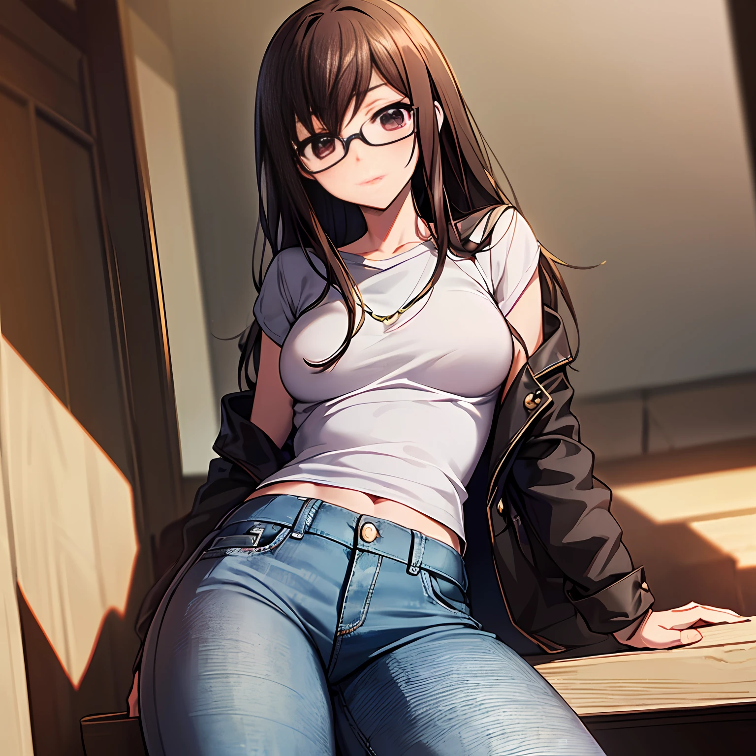 ultra- detailed、((Master Masterpiece、maximum quality、highdetail))、Hard rim lighting、((Dramatic lighting))、Sharp focus、One girl、Code Geass、C.C.、Dark hair、Black-rimmed glasses、The whole body、Shirt、jeans、Small breasts、Slender