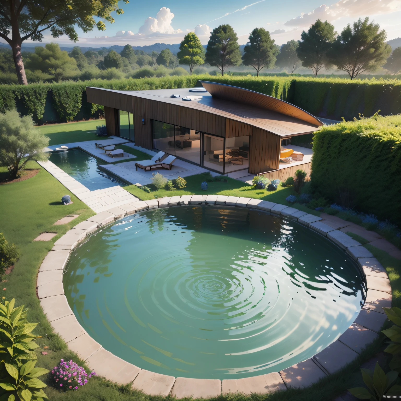 Organic modern architecture on a fairly large plot of land, de , Large complex of paddle fields there is a swimming pool in the middle of a large house of a flower, cor da casa em vigas marrom chocolate e preto, large modern residence, telhados planos e jardim, render luxcore, renderizar oktane, a photorealistic rendering, architectural render, mantra rendering, architectural render, realistic rendering, architectural visualisation, piscina de bem-estar, architectural visualisation, Large green areas, com pequenas zonas de flores de lavanda, arbustos verdes tipo exuberante jardim verde, as well as small water mirrors, Built-in pool in a sand area, oliveiras e pinheiros ao redor da casa, quadra de padel ao lado da casa