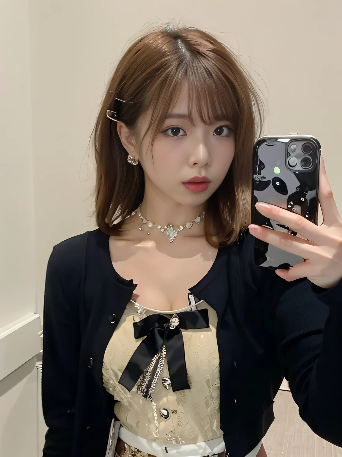 there is a woman taking a selfie in a mirror, ulzzang, sun yunjoo, kim doyoung, Cai Xukun's, Jin Young Shin, heonhwa choe, gargantilha, sakimichan, chiho, wearing a necklace, 19-year-old girl, pearl choker, rin, lalisa manoban of blackpink, pearl choker