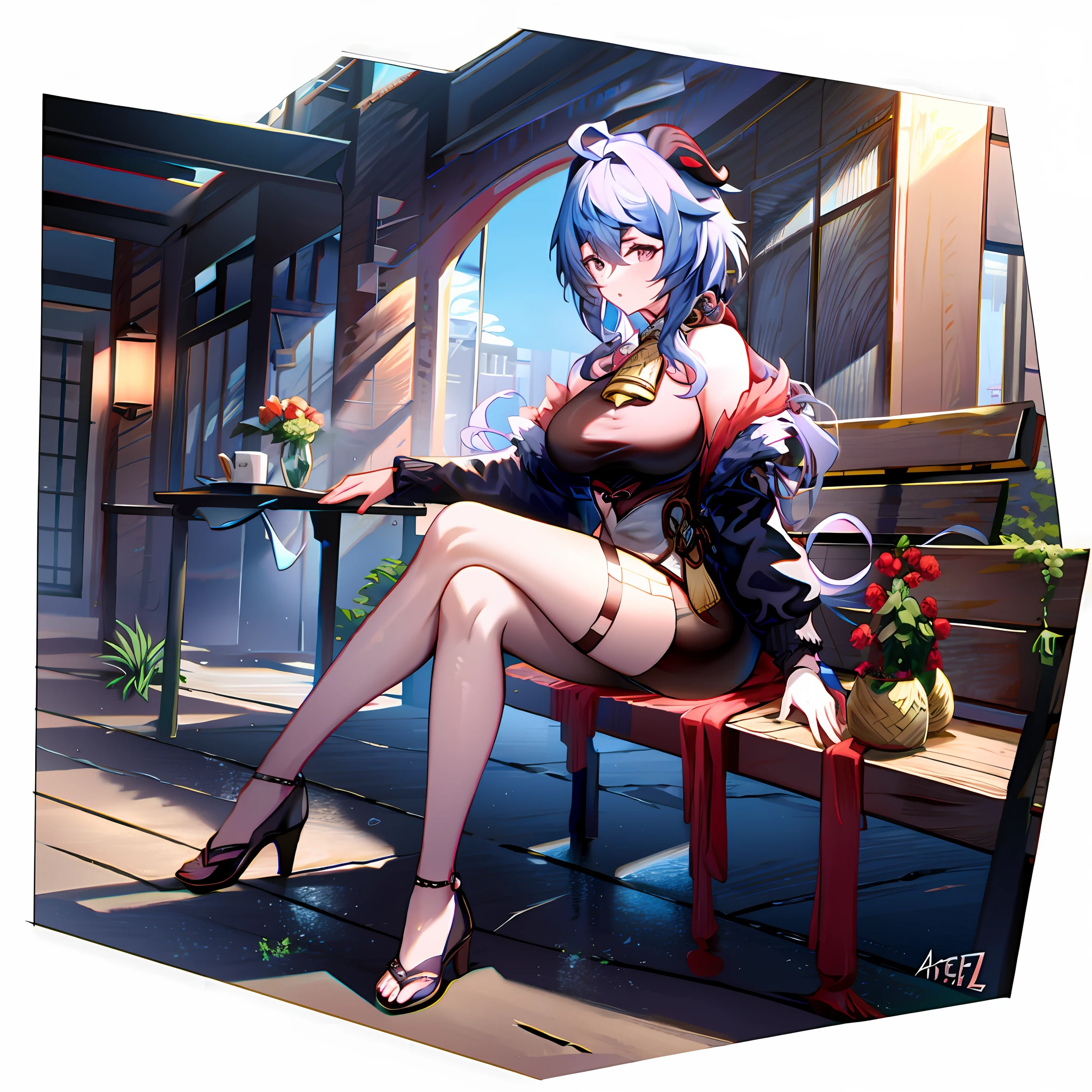 Anime girl sitting on bench,legs crossed, trending on artstation pixiv, Anime style 4 K, Impact from Genshin, trending on cgstation, Guweiz on ArtStation Pixiv, guweiz on pixiv artstation, Anime style. 8K, fanart best artstation, 8K high quality detailed art, author:Shitao