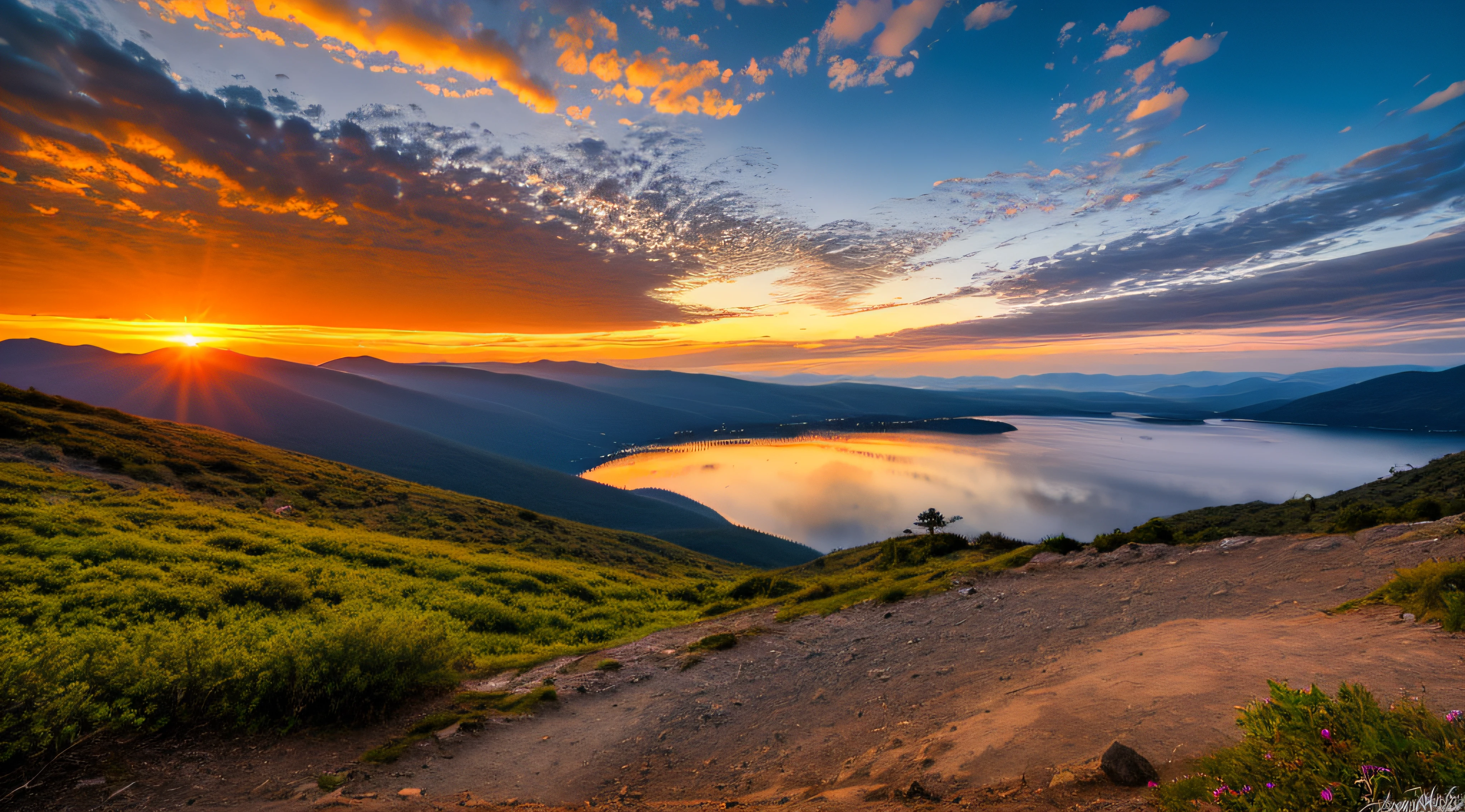 Sunset on mountain, lago sob a montanha