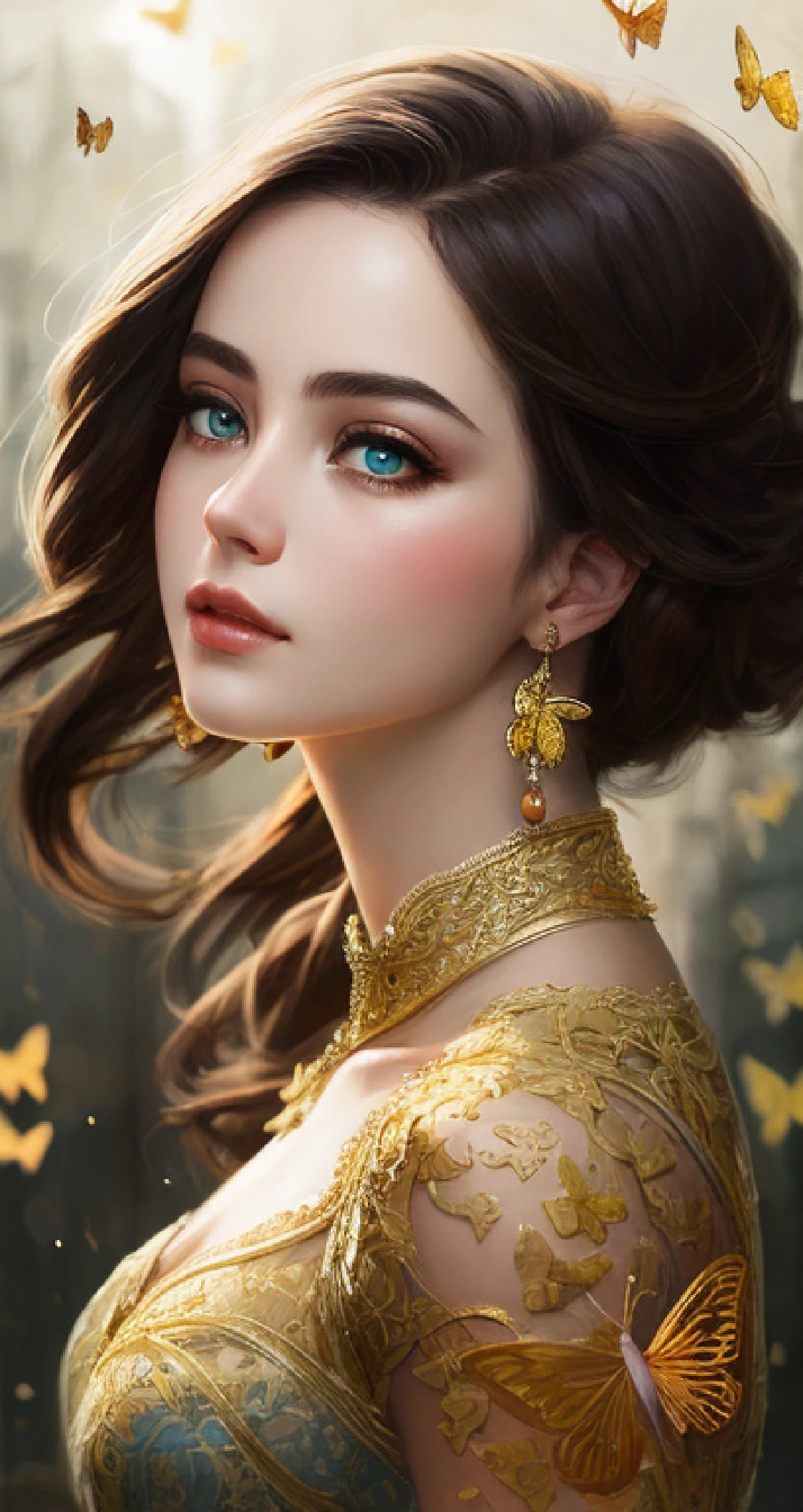 8k portrait of beautiful cyborg with brown hair, intricate, elegant, highly detailed, majestic, digital photography, art by artgerm and ruan jia and greg rutkowski surreal painting gold butterfly filigree, broken glass, (masterpiece, sidelighting, finely detailed beautiful eyes: 1.2), hdr, dilraba dilmurat,