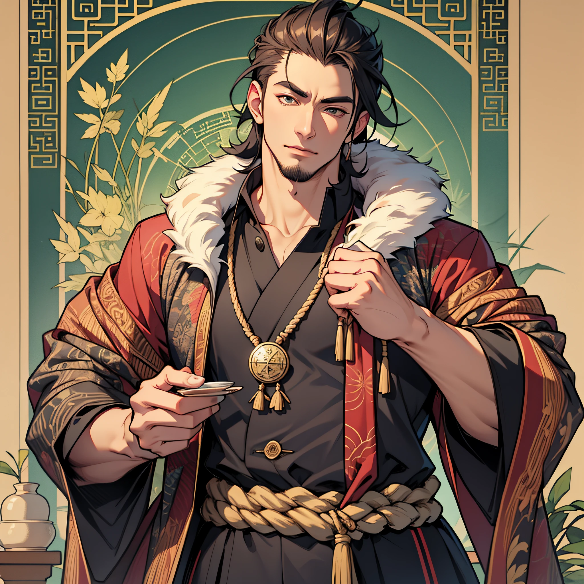 A Masterpiece,Top quality,best qualit,offical arts,big breasts very detailed,Most detailed,Handsome Chinese man,Holding a gossip compass in his hand, he wears coarse cloth clothes made of hemp rope