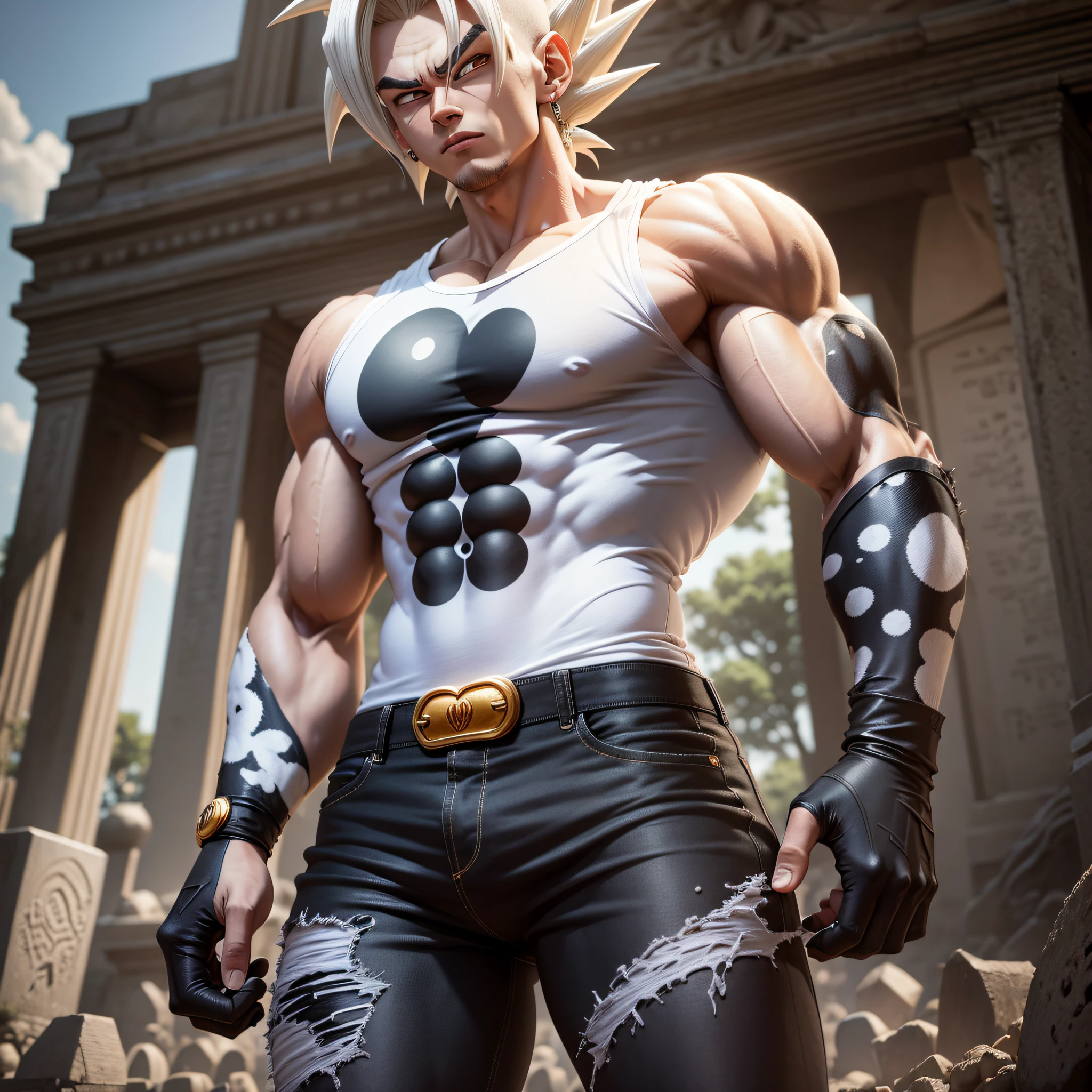 Vegeta, the 5, 20 year old super sayagin with fair skin is a true masterpiece of male beauty, anatomically perfect from the modern man standing tall in an abandoned haunted city. Moonlight accentuates your muscles and scars. The landscape is lush and mysterious, with the dark city. Surroundings. The camera details everything. When looking at beautiful eyes, having sexy eyes will attract the opposite His eyes are on the viewer, you can clearly see every little detail and every perfect line, every beautiful skin detail in 8K quality, everyone is captivated by the confidence that exudes from every glance. His head has white hair and his face is painted with meticulous detail using 8K quality images. Is a character in the series Dragon Ball Seven. gliulian art style, highly detailed official artwork, jin shan, official art --auto