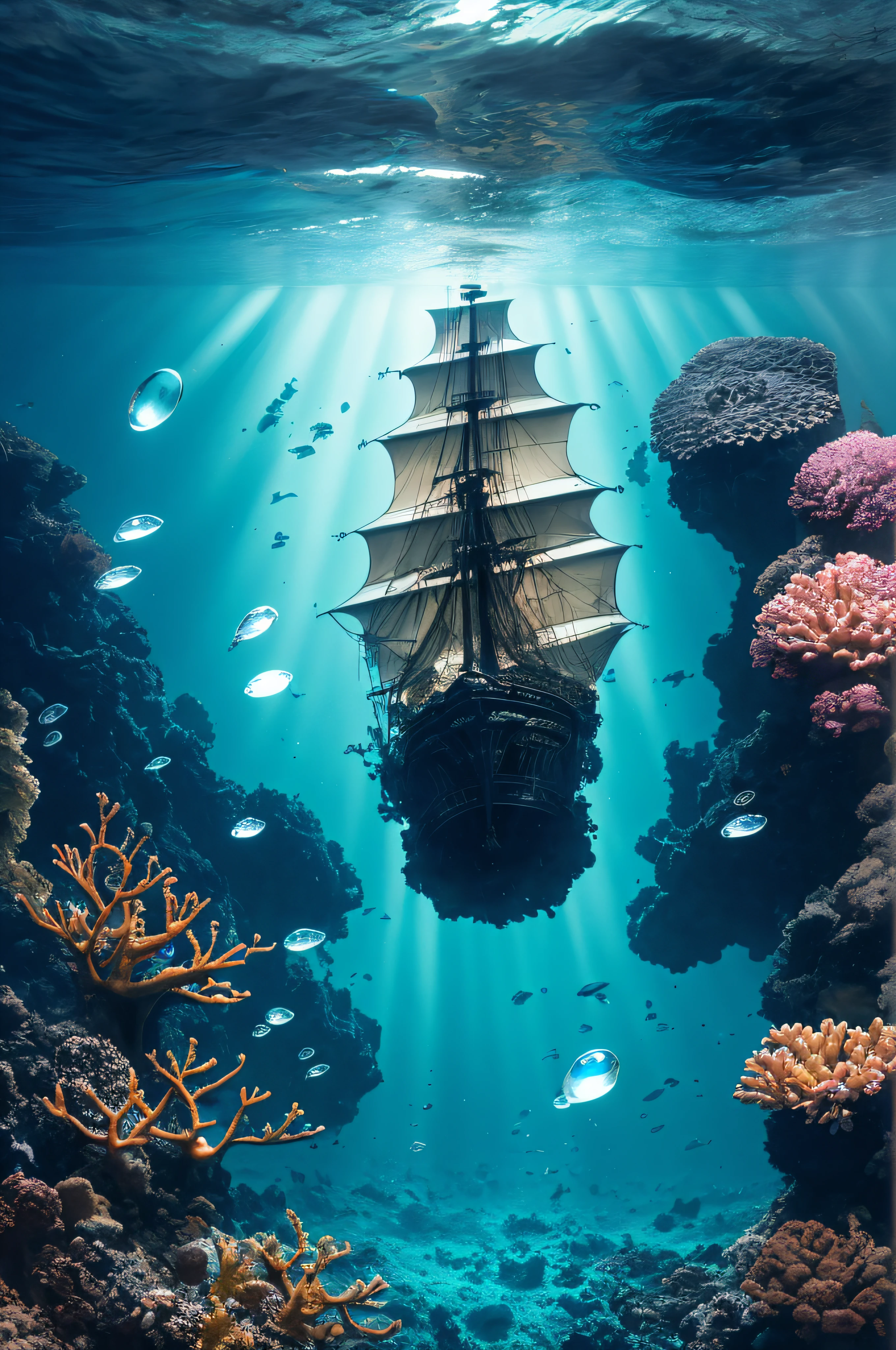 Dark tones, deep darkness, light in the dark, masterpiece, best quality, high quality, very detailed CG, very detailed, intricate, high detail, dramatic light and shadow, art and masterpiece, 8k, deep underwater world, dim Colors, a beam of light on a boat, seabed rocks, sand and gravel, dark background with several air bubbles, transparent air bubbles, refraction and reflection of air bubbles, --v 6