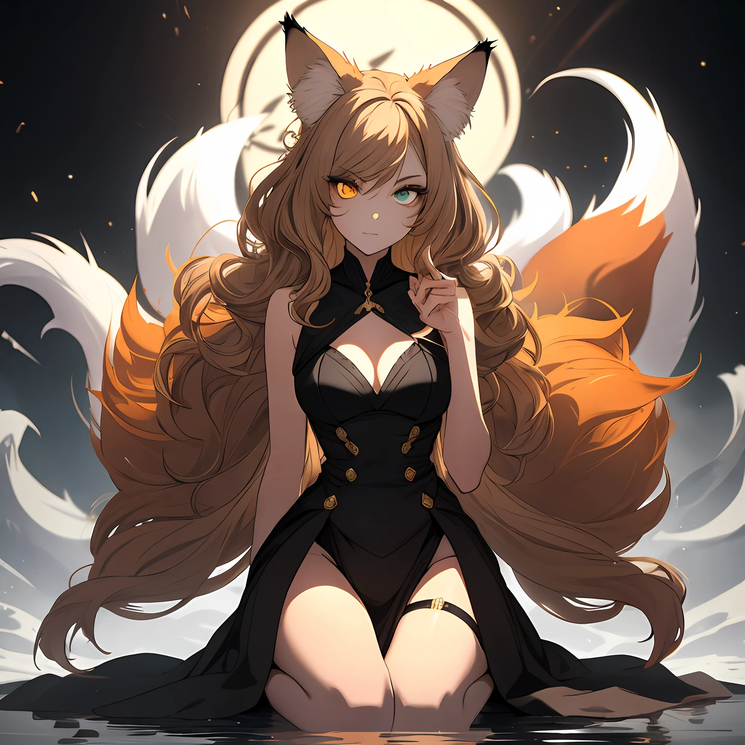 This unique character is a woman who possesses a fascinating combination of feline and vulpine traits. Its most distinctive feature is a pair of adorable furry cat ears that sit on top of its head. These ears have a soft, velvety texture and are covered in short, elegant hairs that match the color of your hair. They writhe and spin in response to sounds and emotions, adding a captivating touch to their appearance.
Unlike typical human ears, it does not have the presence of regular ears. Instead, cat ears take their place, blending seamlessly into your overall look. This gives it a distinctly non-human quality, further accentuating its enchanting aura.
In addition to its cat ears, it has a long, shrubby tail similar to that of a fox. The tail begins at the base of the lower back and extends gracefully, reaching down to the ankles. Covered in soft, dense fur, the tail displays a rich color pattern with shades of red, orange, and white, similar to that of a majestic fox. She sways gently with her movements, lending an air of grace and elegance to her character.
Moving on to her other features, she has a face that combines feline and human elements. Her eyes are bright and expressive, reflecting a hint of her feline nature. They possess a captivating color, perhaps a mesmerizing shade of amber or emerald green, that catches the eye and holds a touch of mystery. His eyebrows are well defined, slightly arched and perfectly complement the shape of his eyes.
Her hair is long, fluttering and silky, falling in waves or loose curls around her shoulders. Its color can be adapted to your preference, but some options may include a deep brown brown, a vibrant coppery red, or a bright ebony black. The fur is often stylized in a way that allows cat ears to be fully visible and