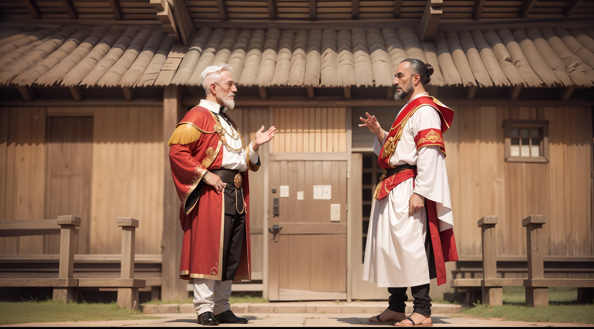 mestre Taro discute com mestre Keiko, discursao, roupas estilo aldeoes de vila, mostrar corpo inteiro, briga, luta