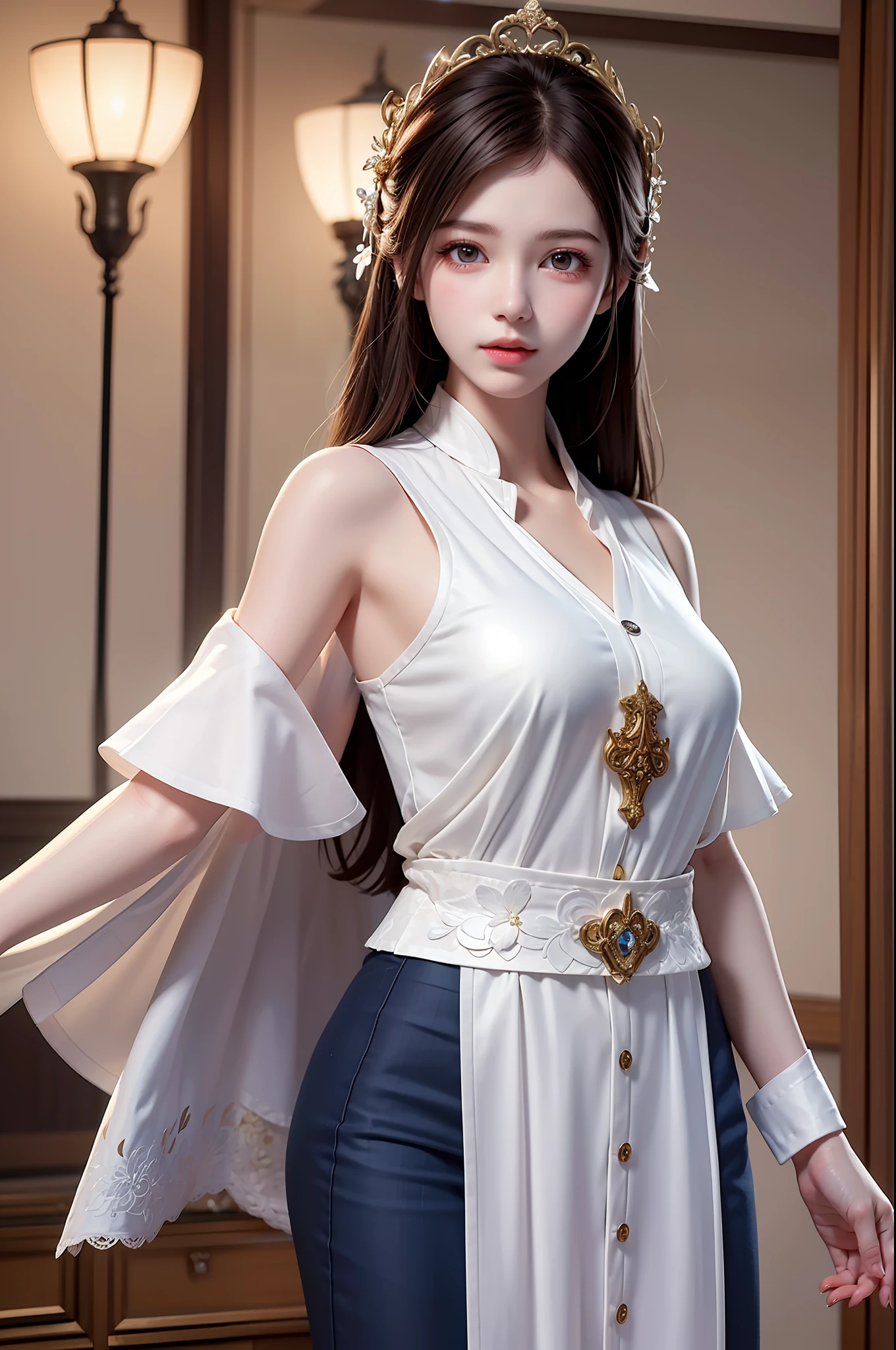 ((Masterpiece))), ((Best quality))), ((ultra details)), (an ultra realistic), (High Definition CG Illustration), cinematic light, Photorealistic,Very Beautiful 12 Year Old Lady,12 Year Old Daughter, Light makeup, Intricate Details EABA, White Intricate Lace Cloak, Dynamic pose, Spear