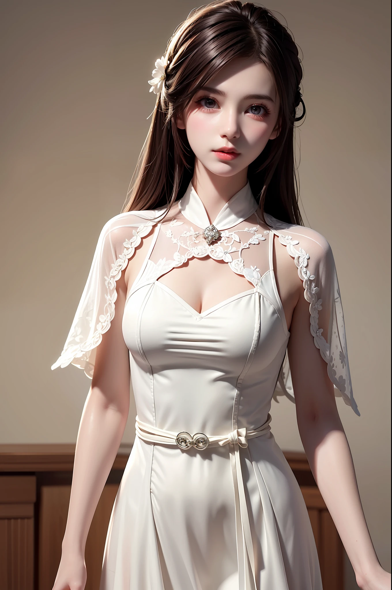 ((Masterpiece))), ((Best quality))), ((ultra details)), (an ultra realistic), (High Definition CG Illustration), cinematic light, Photorealistic,Very Beautiful  Lady,12 Year OldLight makeup, Intricate Details EABA, White Intricate Lace Cloak, Dynamic pose, Spear