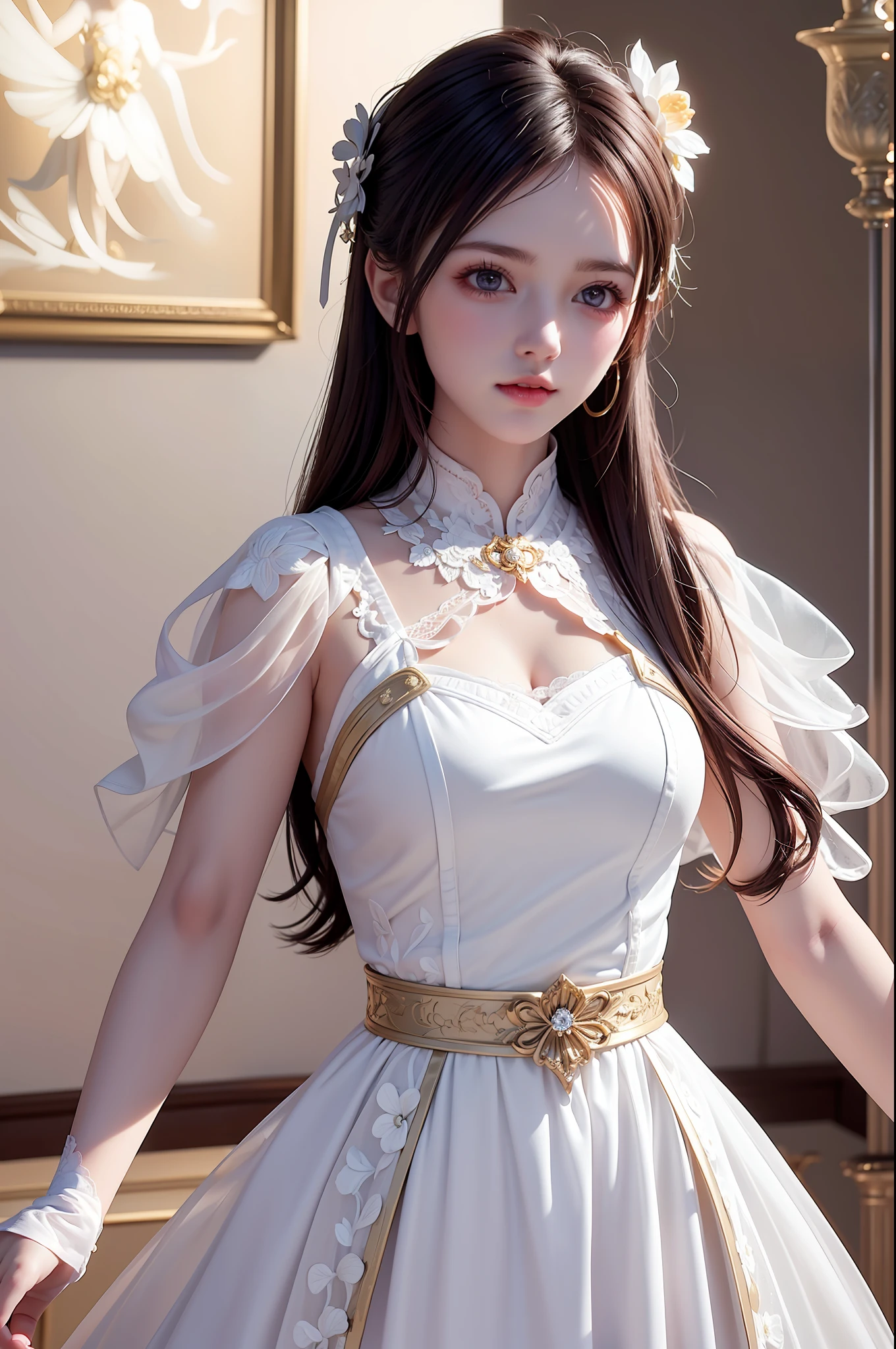 ((Masterpiece))), ((Best quality))), ((ultra details)), (an ultra realistic), (High Definition CG Illustration), cinematic light, Photorealistic,Very Beautiful Lady,12 Year OldLight makeup, Intricate Details EABA, White Intricate Lace Cloak, Dynamic pose, Spear