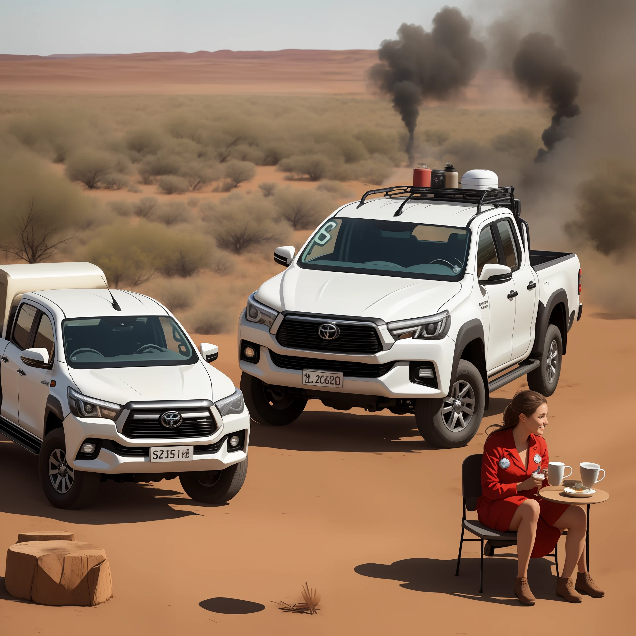 Una mujer rubia, vestida con un uniforme de enfermera. - Junto a ella, hay un Toyota Hilux en el desierto, con la marca de una ambulancia, indicating that it is a medical vehicle. - The woman is enjoying a cup of tea. - A su lado, There is a warm bonfire.