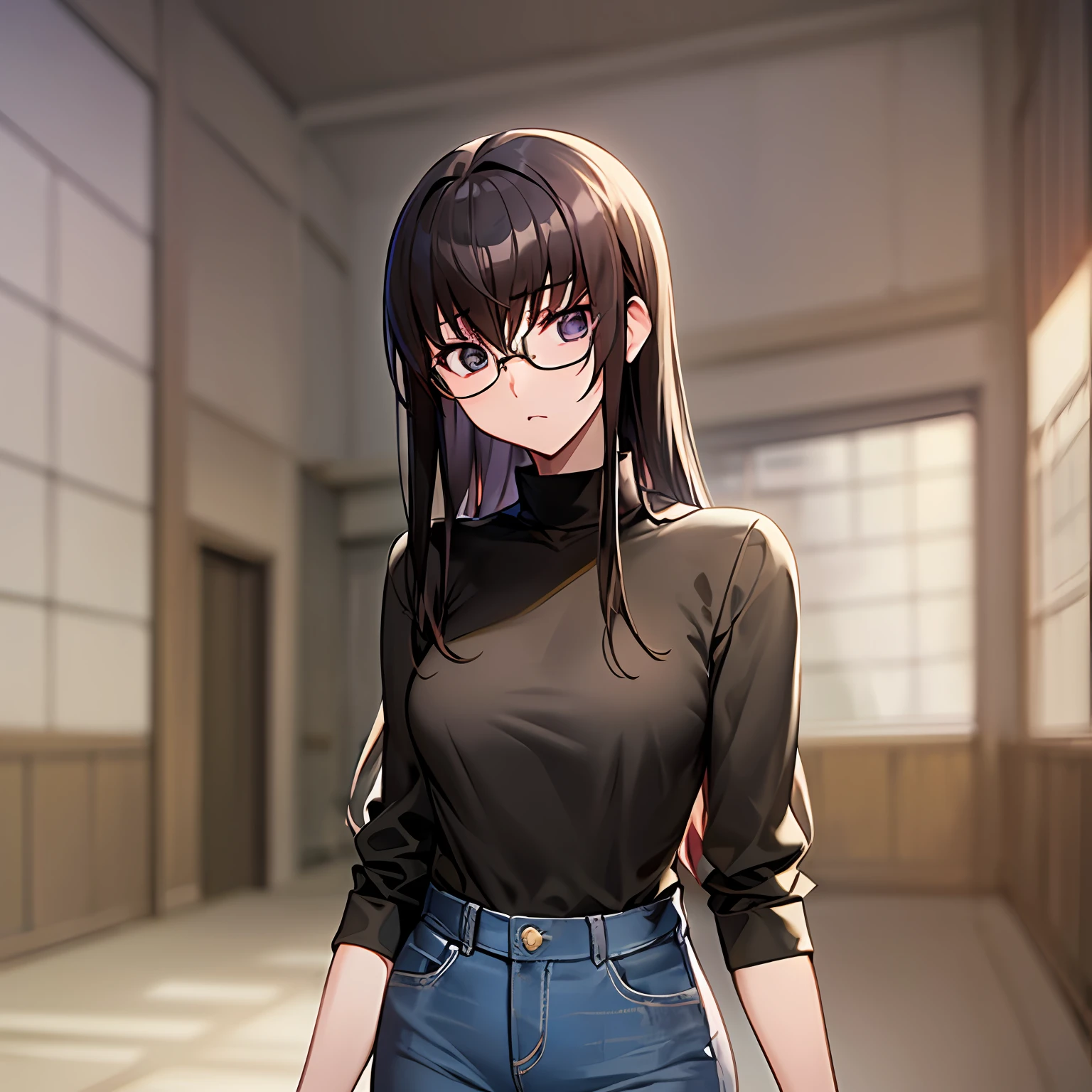 ultra- detailed、((Master Masterpiece、maximum quality、highdetail))、Hard rim lighting、((Dramatic lighting))、Sharp focus、One girl、Code Geass、C.C.、Dark hair、Black-rimmed glasses、The whole body、Shirt、jeans、Small breasts、Slender