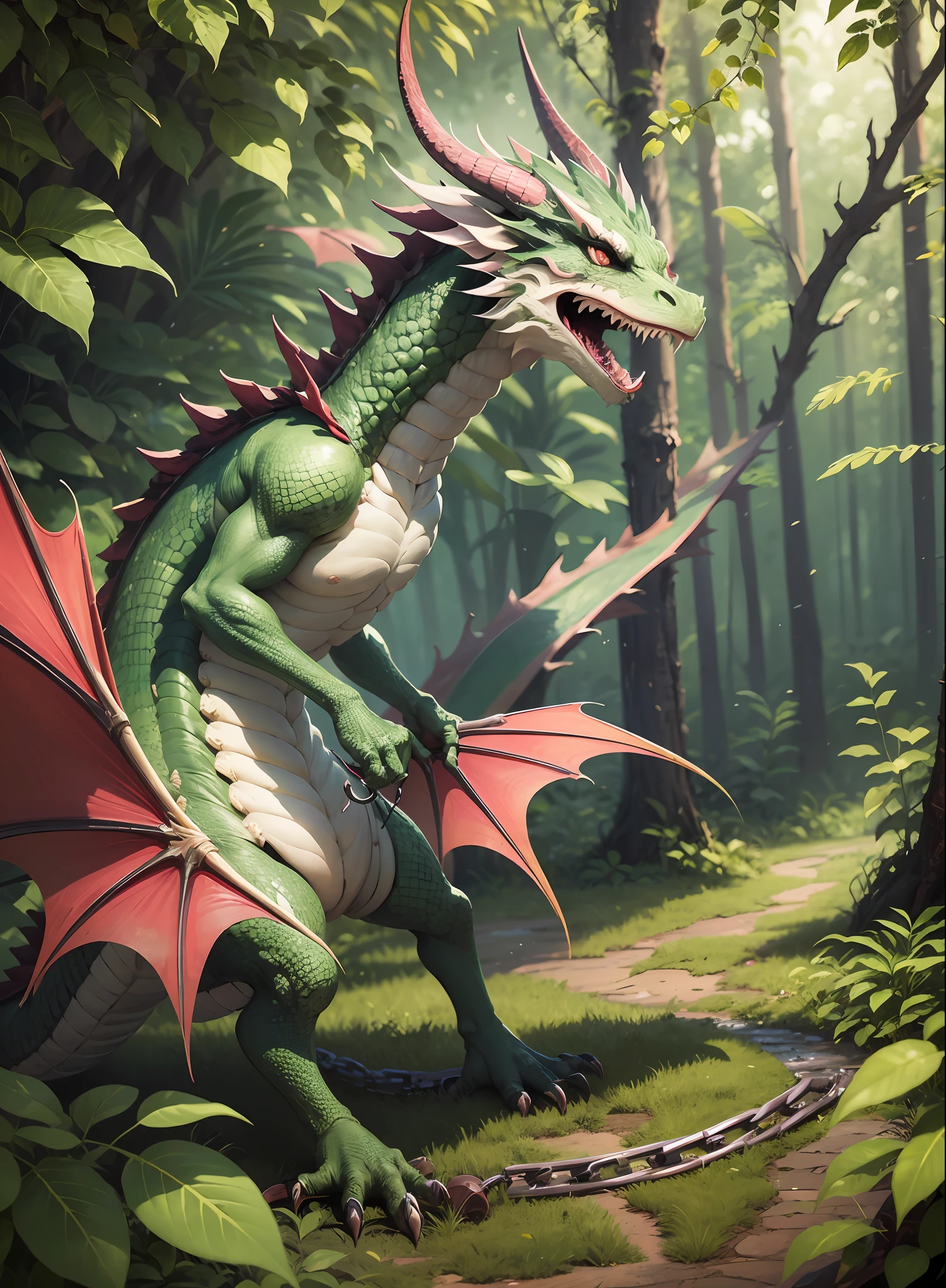 bestbestquality,A masterpiece,Need,Epic,A dragon chained,Wrap the leaves,In the jungle,Panoramic View,The subject is in the middle of the frame,Large movements,Glazed texture,Friendly expression,Non-human(Wood attribute 1.2),Flattening(1.4),Pink and green color scheme,Dark simple background --auto --s2