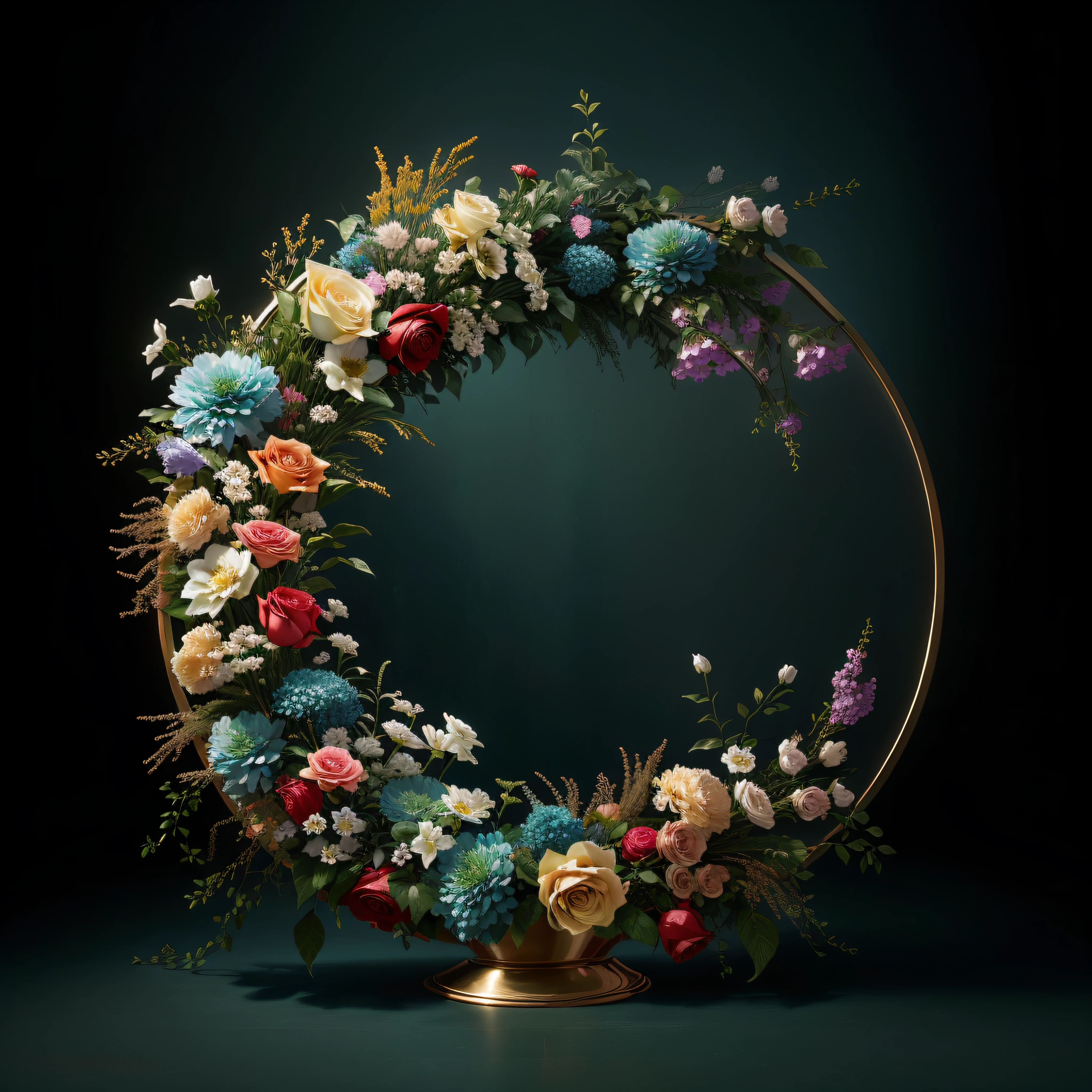 Hay una corona de flores en un soporte en la oscuridad, hecho de flores secas, hecho de flores, hecho de coloridas flores secas, gorgeous composition, awesome greate composition, elegant composition, hecho de flores y bayas, Portal hecho de rosas, still life photo of a backdrop, flores y oro, ambiente floral, beautiful composition, glamorous composition