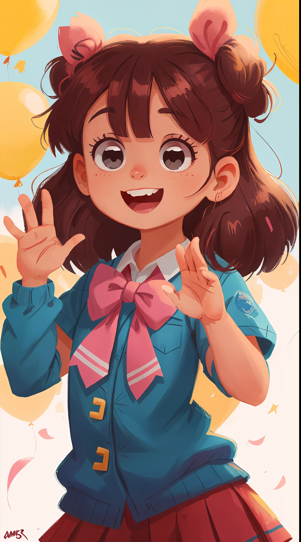 Girl waving her hands, seis anos, pink bow in hair, escola no brasil, feliz, sorridente, obra prima, otima qualidade (foco nitido na garota, destaque no uniforme escolar), (perfeita qualidade: 1.2) (bokeh), (4:3), 8K, (dark detailed pelé: 4,5), (olhos detalhados, 4k), (feliz), (extrema qualidade), (ambiente iluminado com amarelo alaranjado), artstation, popular, fundo limpo