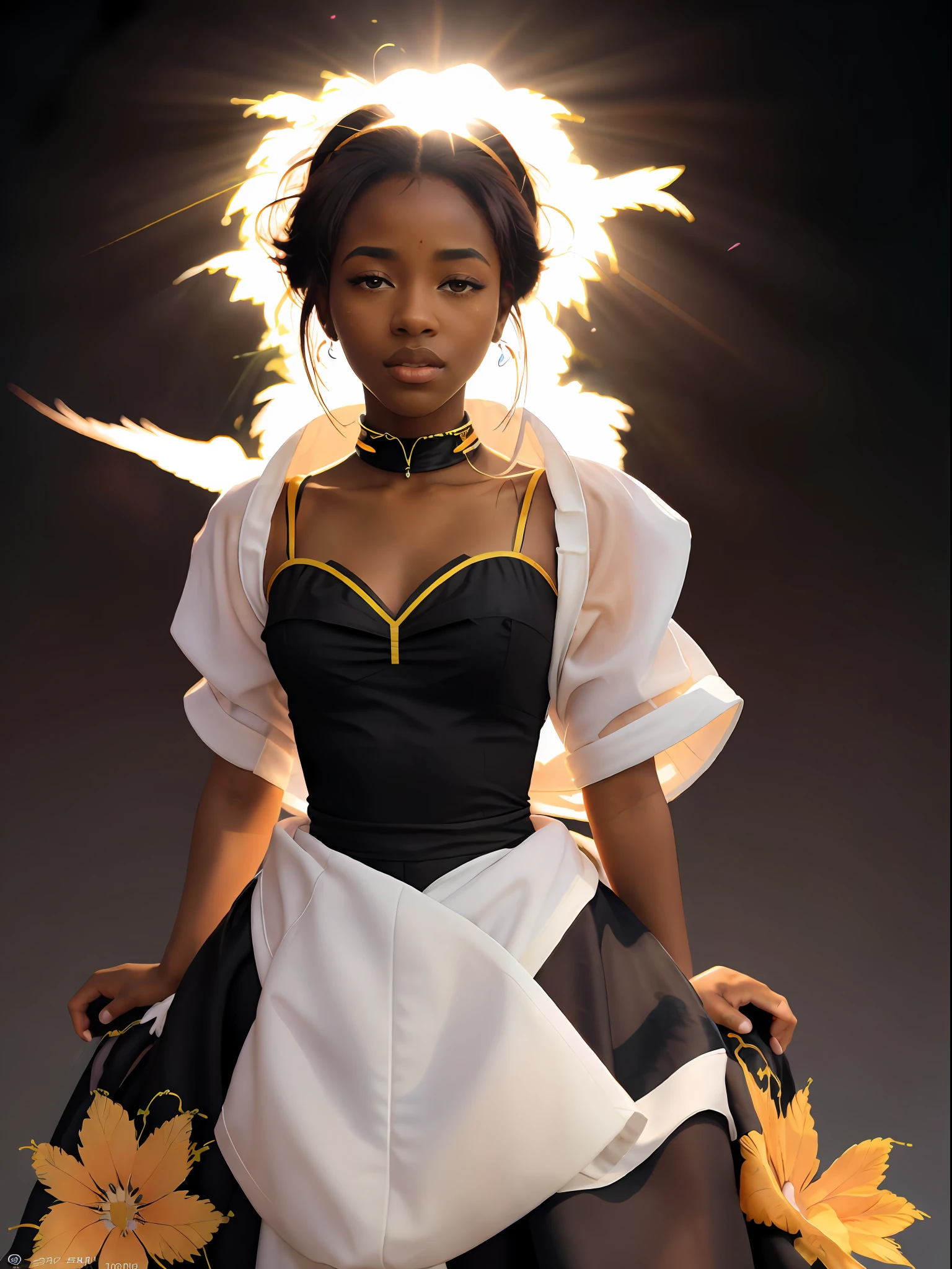 Vintage 90's anime style. close up portrait of a beautiful ((black dark skinned)) 27 year old ((African female)) on a marble platform in a very colourful flower filled plain on a bright sunny day, sun in sky, super realistic facial features, colourful futuristic clothes, sunny, raw, epic, film stock, sky full of birds, brightly lit, African woman wearing flowing robes flapping in the wind, patterns from dress fly into the wind; by Hajime Sorayama, Greg Tocchini, Virgil Finlay, sci-fi, colors, neon lights. line art.