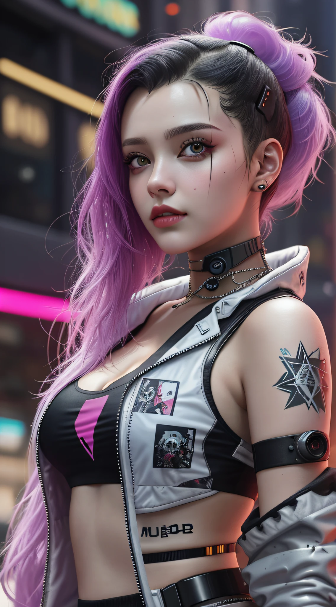 um close up de uma mulher com cabelo roxo e uma jaqueta de couro, cyberpunk menina bonita, menina cyberpunk sonhadora, Cyberpunk 2 0 e. o modelo menina, estilo cyberpunk hiper-realista, modelo bonito da mulher cyberpunk, arte cyberpunk ultrarrealista 8k, Garota cyberpunk, no estilo cyberpunk, em cyberpunk city, estilo cyberpunk ， hiper-realista, menina de anime cyberpunk feminino, cara bonita da menina cyberpunk