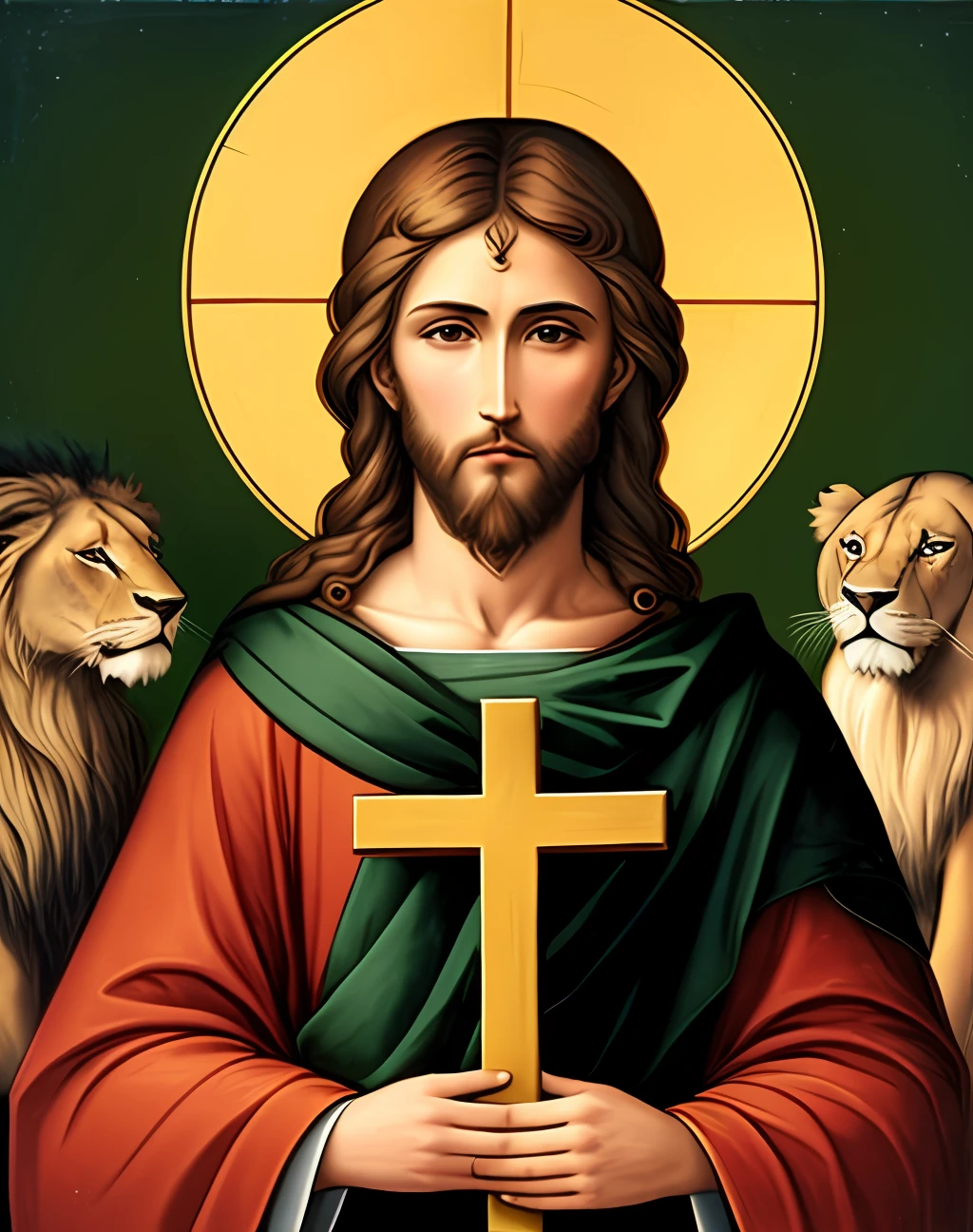 Jesus Christ in heaven with green eyes, a lion and a cross
