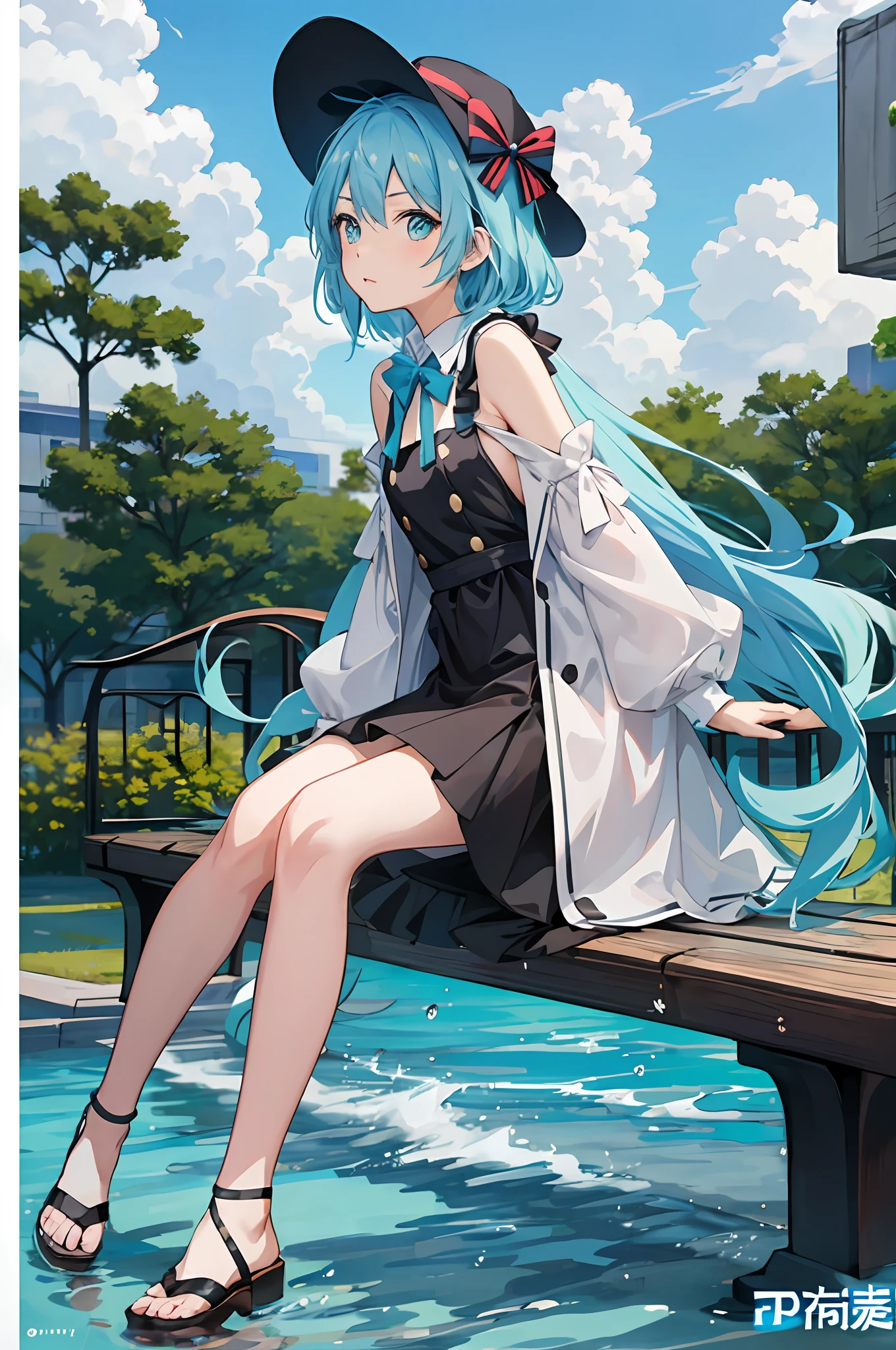 anime girl sitting on a bench in a park with a hat on, splash art anime loli, small curvy loli, loli in dress, Highest rated on Pisif, mikudayo, white cyan, trending on artstation pixiv, Pisif daily ranking, Official artwork, pixiv style, Pisif, guweiz on pixiv artstation