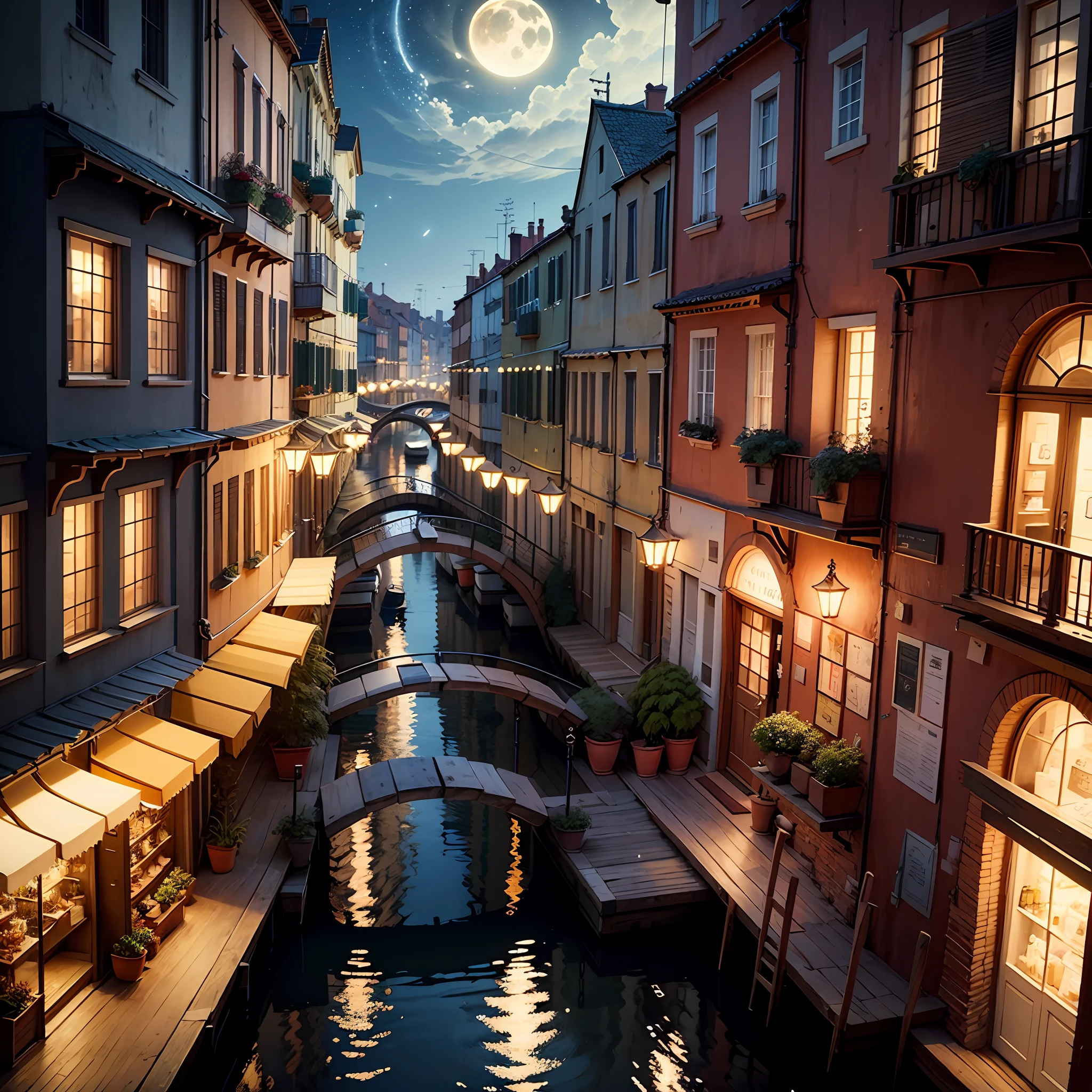 CG+Watercolor drawing, Port city, Panoramic view of the city, Street, Water channels, CG,Realistic Yenteschi, a complete copy of the city of Venice, Small streets, Breathtaking small streets, scene, Wooden houses, Fireflies dancing in the air, Their gentle glow illuminates the surroundings. Capture that enchanting moment in an intricate, high-quality illustration with attention to the smallest details and realistic shadows. Isometric 3D rendering using Octane Render and ray tracing will bring this magical port city to life, “Lit cityscapes," “Starry skies," “Moonlit landscapes," “Night time portraits," “Long exposures." --auto