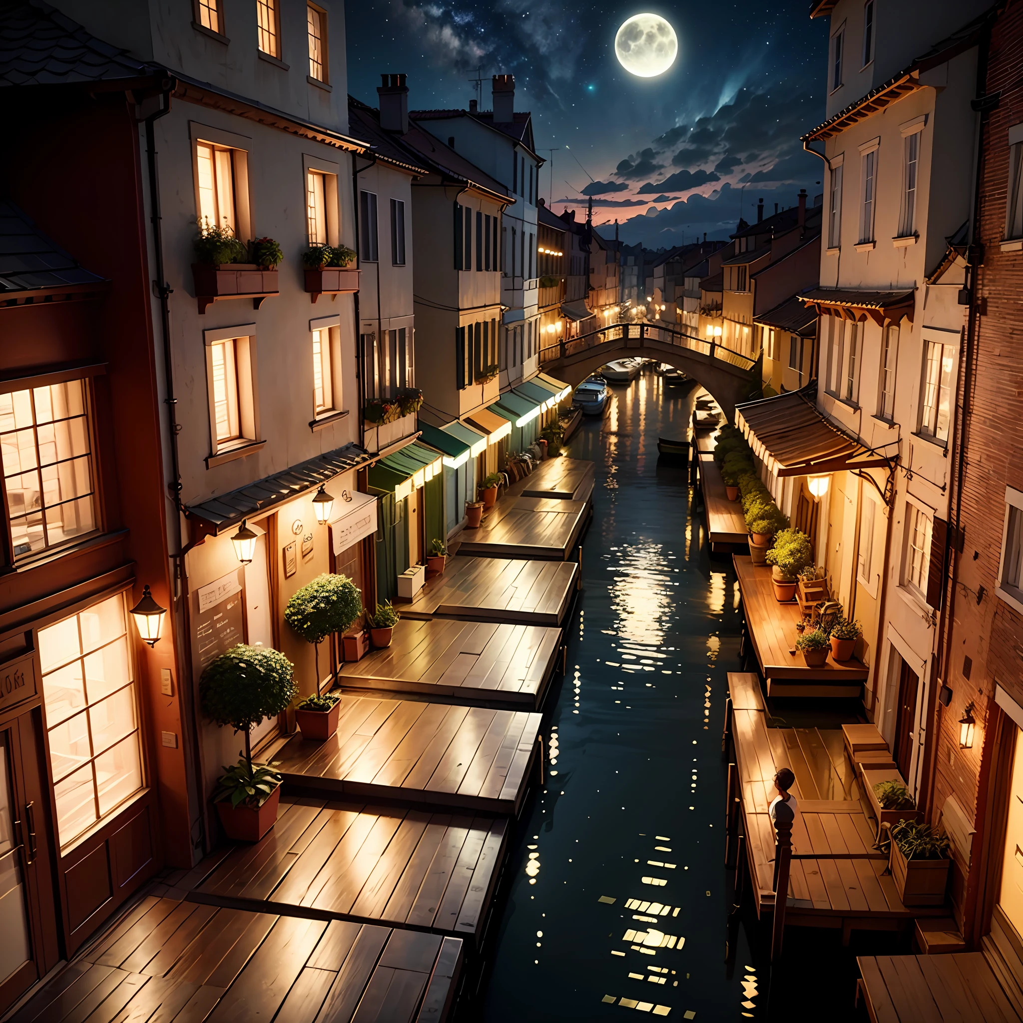 CG+Watercolor drawing, Port city, Panoramic view of the city, Street, Water channels, CG,Realistic Yenteschi, a complete copy of the city of Venice, Small streets, Breathtaking small streets, scene, Wooden houses, Fireflies dancing in the air, Their gentle glow illuminates the surroundings. Capture that enchanting moment in an intricate, high-quality illustration with attention to the smallest details and realistic shadows. Isometric 3D rendering using Octane Render and ray tracing will bring this magical port city to life, “Lit cityscapes," “Starry skies," “Moonlit landscapes," “Night time portraits," “Long exposures." --auto