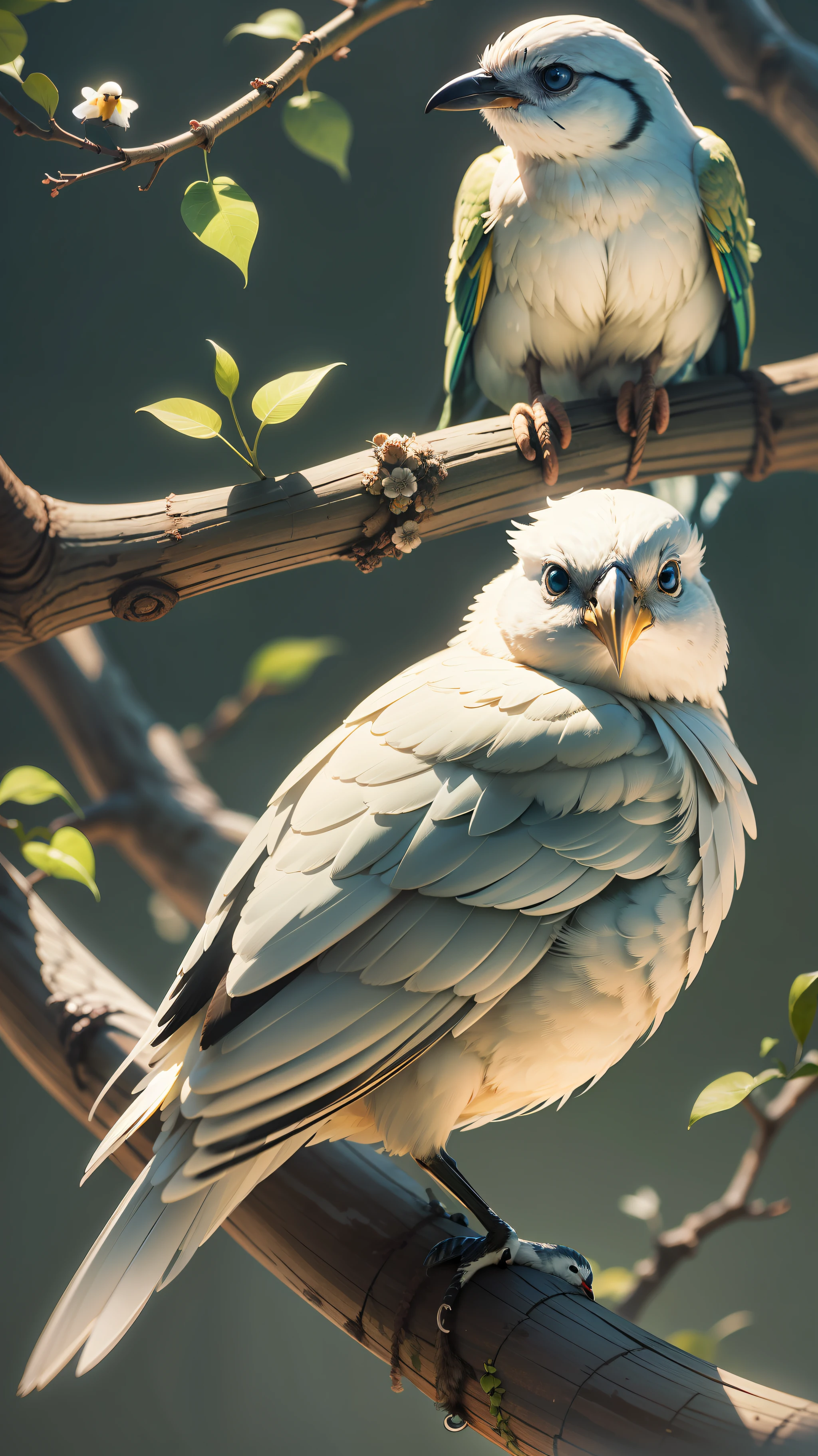 White bird sitting in the tree,dark background,bird,high resolution,high quality