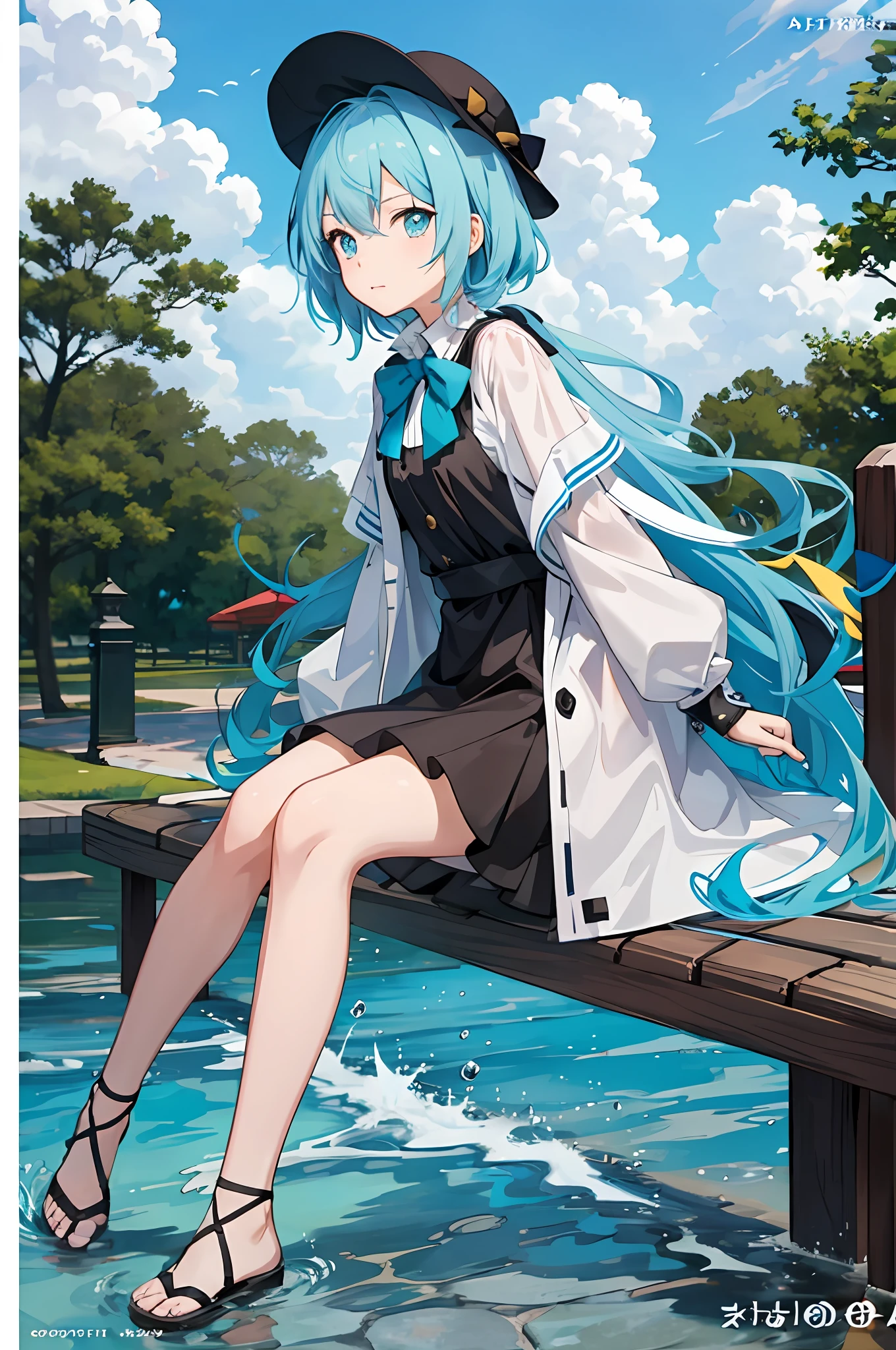 anime girl sitting on a bench in a park with a hat on, splash art anime ****, small curvy ****, **** in dress, Highest rated on Pisif, mikudayo, white cyan, trending on artstation pixiv, Pisif daily ranking, Official artwork, pixiv style, Pisif, guweiz on pixiv artstation