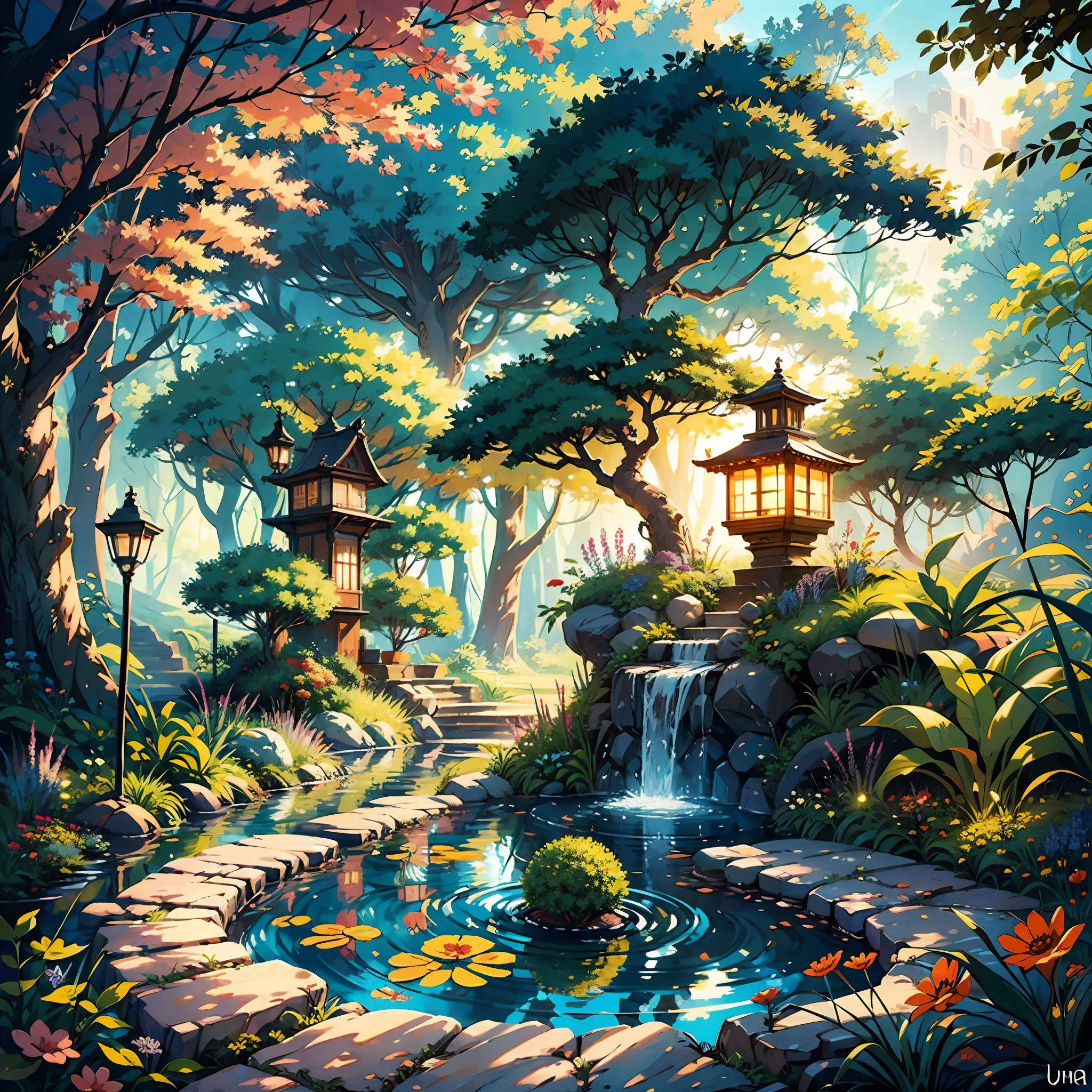 Create a fantastic and imaginative scene in the style of hayao miyazaki. Use uma paleta cores de outono com foco em elementos naturais, como bosques e casas, to create a magical and enchanting scene. Pay attention to the fine details and design of the characters to create a sense of wonder and awe. Use uma paleta de cores suave com foco em tons outono. Add weight to certain elements to create a balance between the different elements in the artwork.