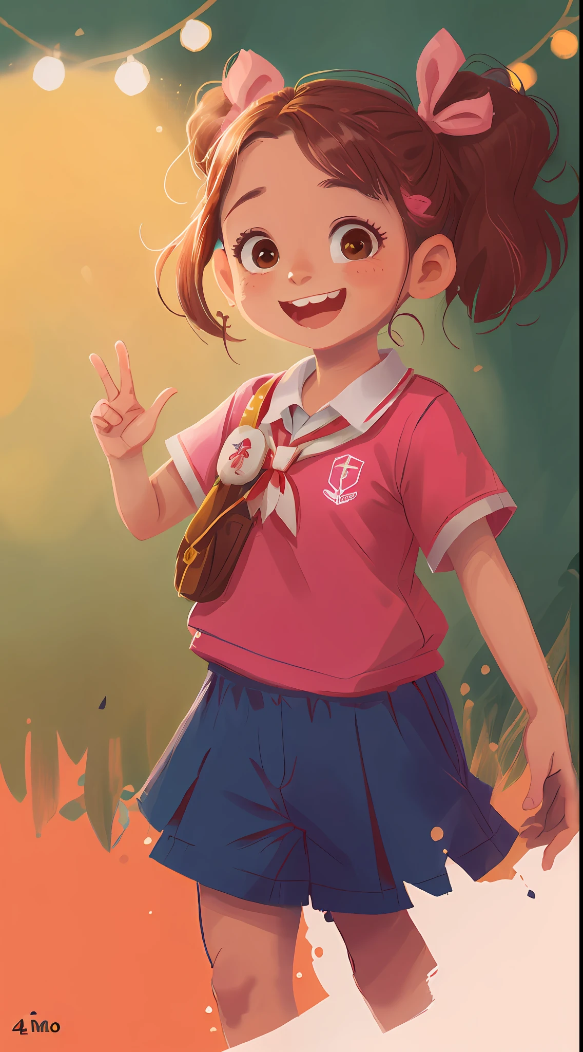 Girl waving her hands, seis anos, pink bow in hair, 5 Fingers on the Hands (extrema qualidade, 4k), escola no brasil, feliz, sorridente, obra prima, otima qualidade (foco nitido na garota, destaque no uniforme escolar), (perfeita qualidade: 1.2) (bokeh), (4:3), 8K, (dark detailed pelé: 4,5), (olhos detalhados, 4k), (feliz), (extrema qualidade), (ambiente iluminado com amarelo alaranjado), artstation, popular, fundo limpo
