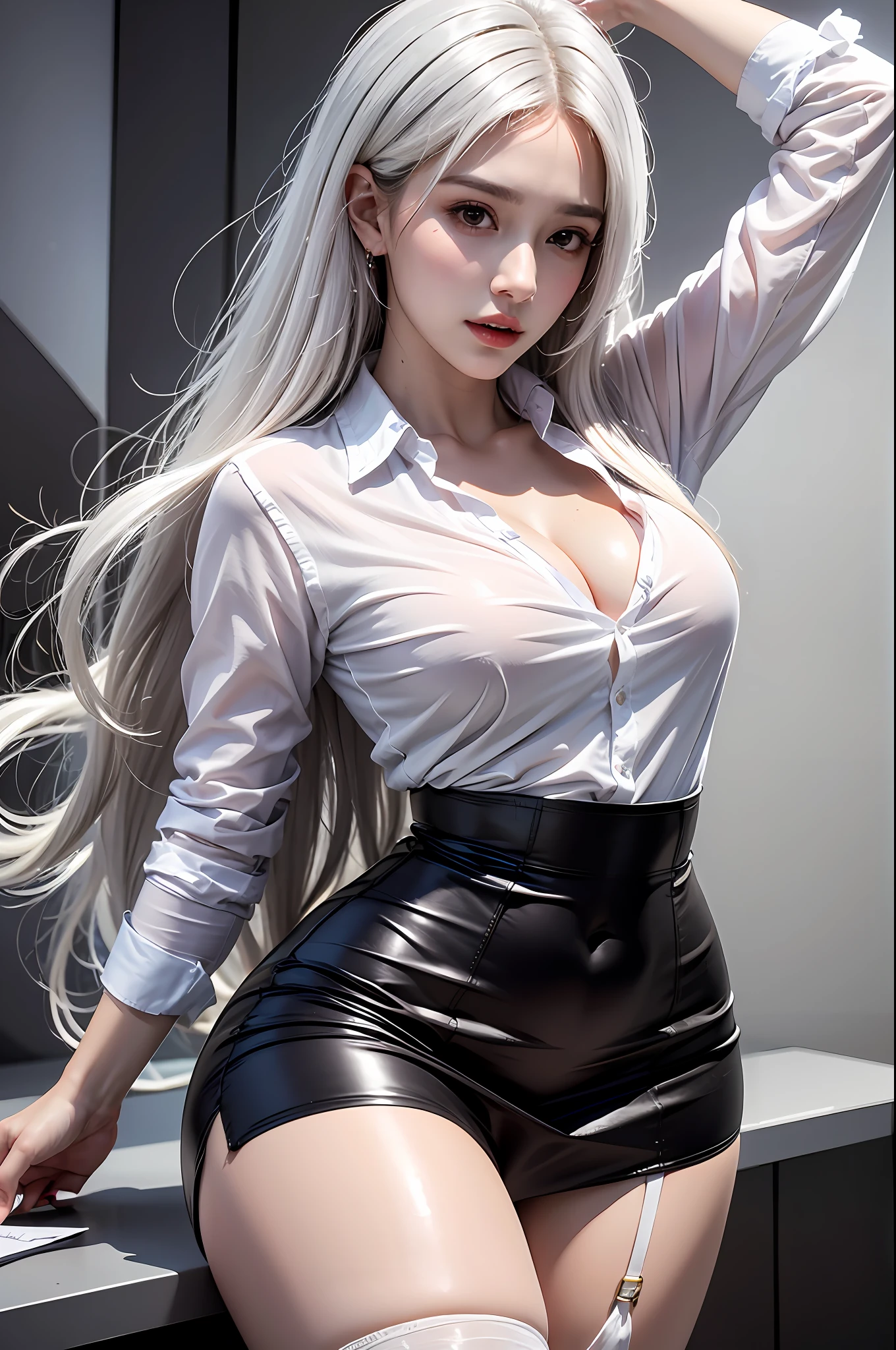 Best quality, masterpiece, ultra high res, (photorealistic:1.4), raw photo, (perfect body shape), 1girl, detailed face, white hair, waist up, solo, office outfit, shirt, skirt, stocking