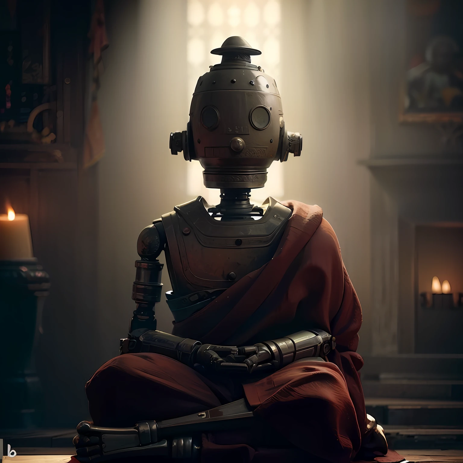 arafed robot sitting on the floor in a dimly lit room, um ciborgue meditando, Zen Cyberpunk Meditation, Personagem pequeno. Motor Unreal 5, cinematic unreal engine 5, detalhado Motor Unreal 5 render, Feito em Unreal Engine 5, Unreal Engine 5 altamente renderizado, Criado em Unreal Engine 5, motor irreal renderizado 5, renderizado no Unreal Engine 5