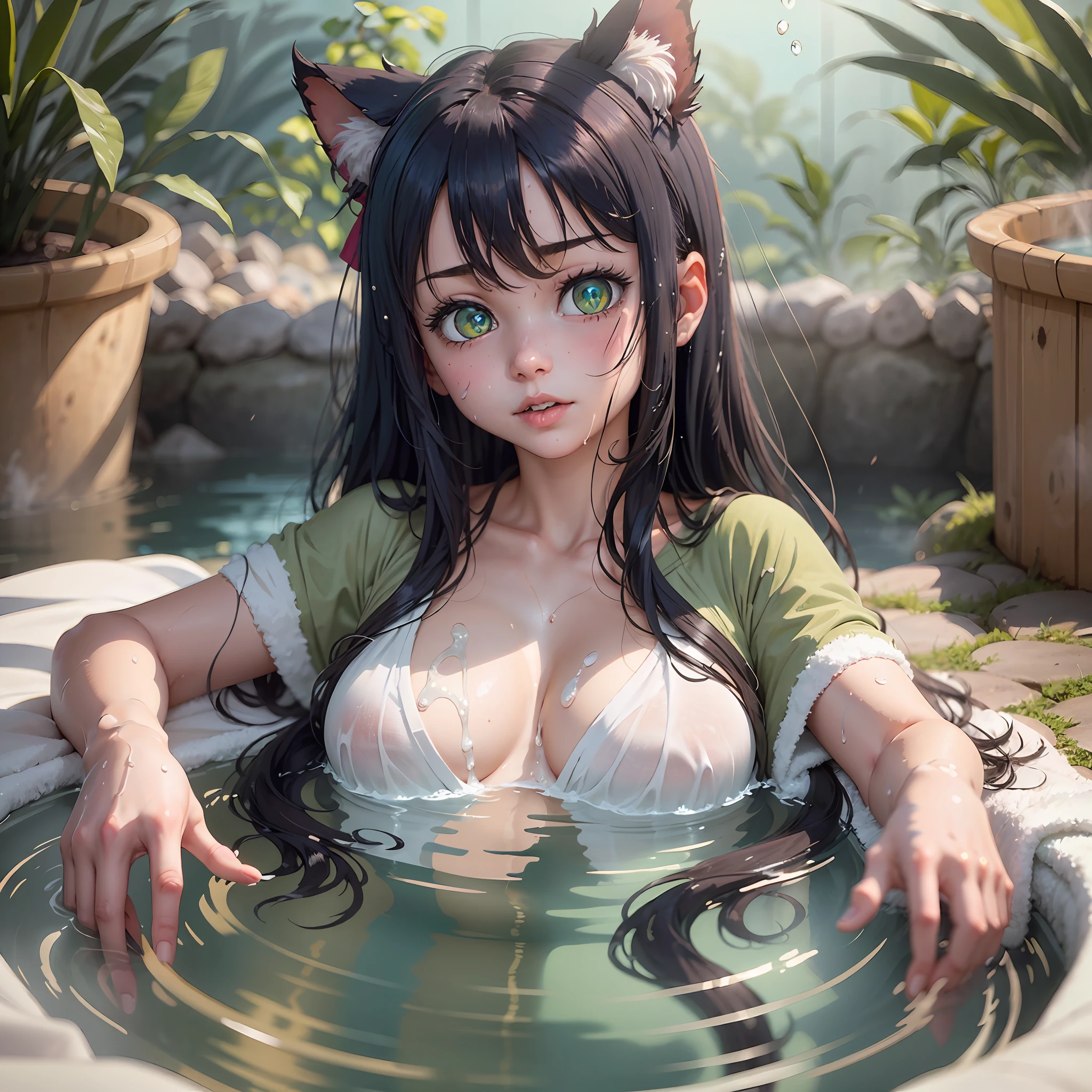 (Full HD 4K), masterpiece, detailing, anime style, Anime girl from anime "Show by rock" Cyan, green eyes, black hair, black cat ears, blushed cheeks, shyly face, white sticky liquid on the face, white on face, white liquid on the lips, wet body, sauna, sauna, Steam, ((clothes: white towel covers the body)), anime cat girl, pose: bathing in a hot spring, water and steam