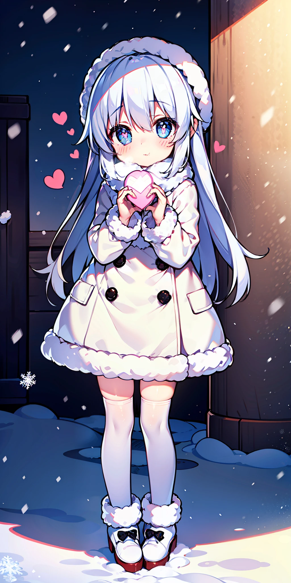 Loli, long hair, cute, heart-shaped pupils, solo, white hair, blush, winter, snow, outdoors, white stockings, standing