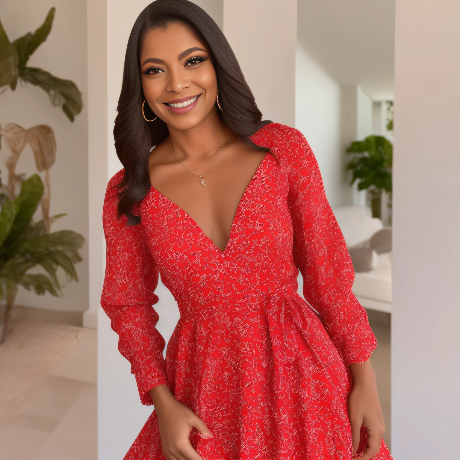 a woman in a red dress looking into the camera, Direction: Nandor Soldier, instagram, com um sorriso brilhante, imagem vazada, he is! cerca de 3 0 anos de idade, ( ( tom de pele escuro ) ), summer dress, corpo inteiro feminino, fundo bonito