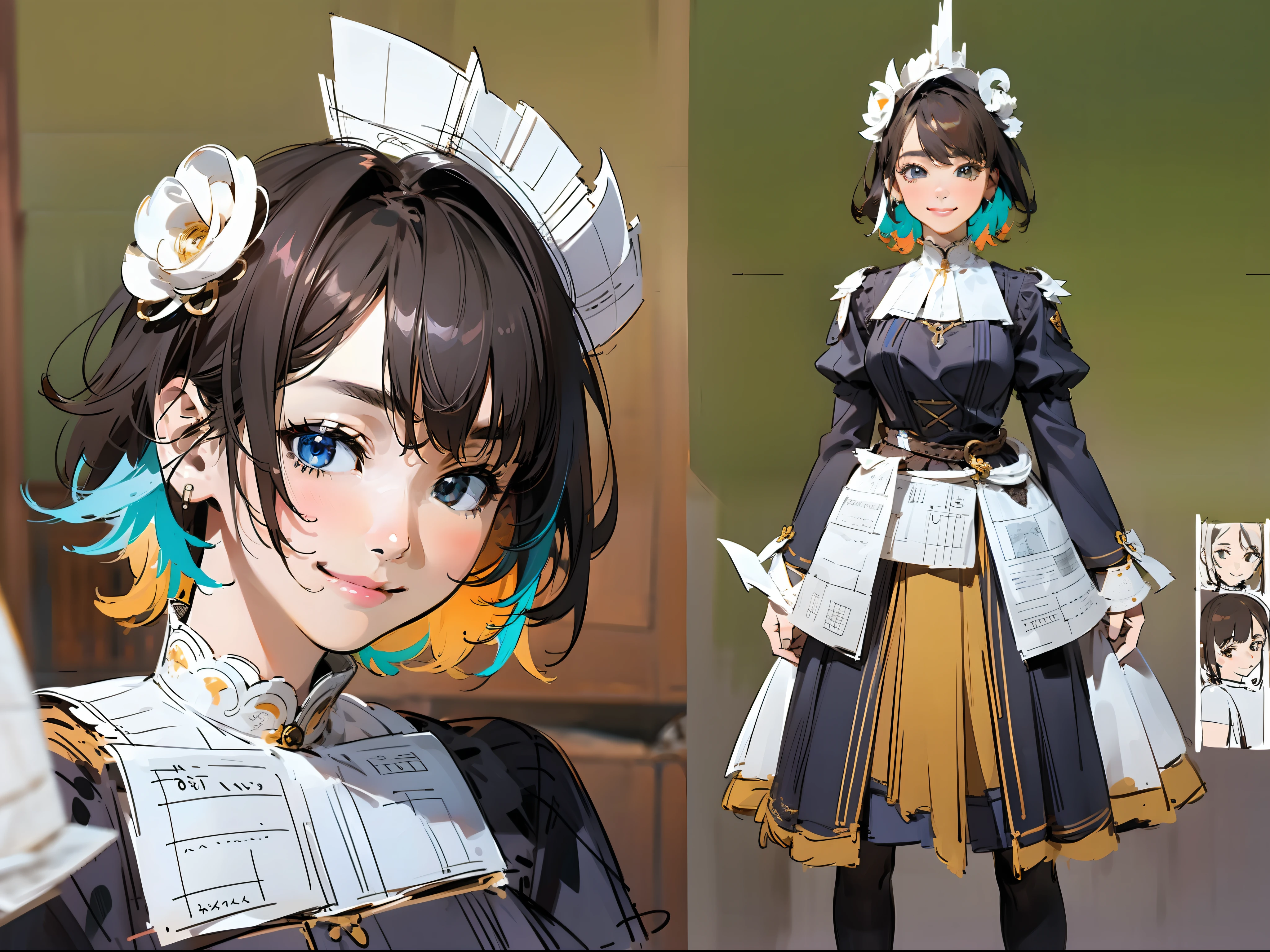 (A Masterpiece)、ultra- detailed、8K、((Character Sheet:1.4))Or reference sketch of a beautiful gal girl in a colorful dress、She has short hair and、Dark hair、Ultra-realistic and sharp details、Intricate and intricate details、style、Smiling on a simple background
illustration