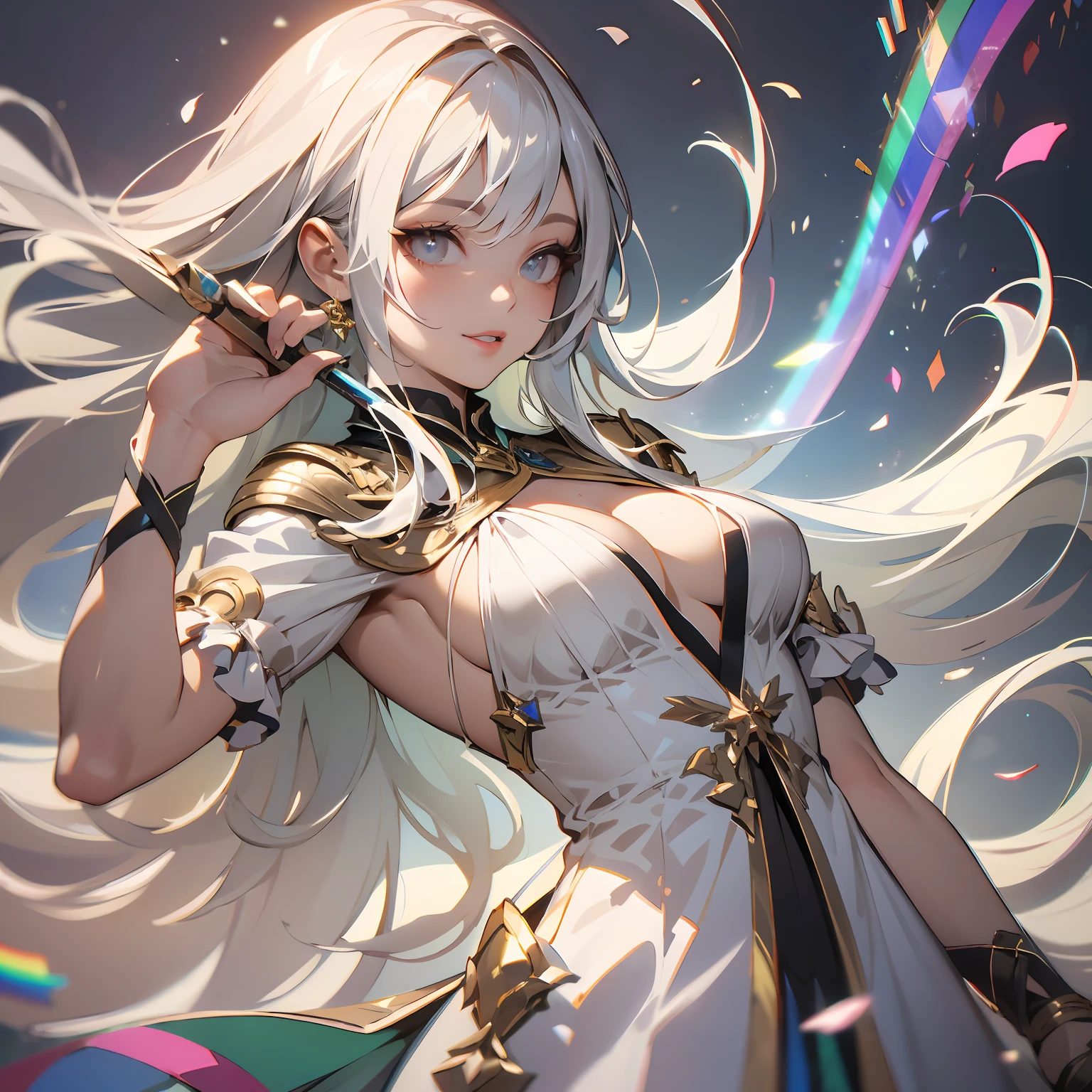 (8k, RAW photo, photorealistic:1.25) ,( lipgloss, eyelashes, gloss-face, glossy skin, best quality, ultra highres, depth of field, chromatic aberration, caustics, Broad lighting, natural shading,Kpop idol) looking at viewer with a serene and goddess-like happiness, boobs, nipslip, fullbody, fantasysword sword, shining rainbow dress outfit, white uniform