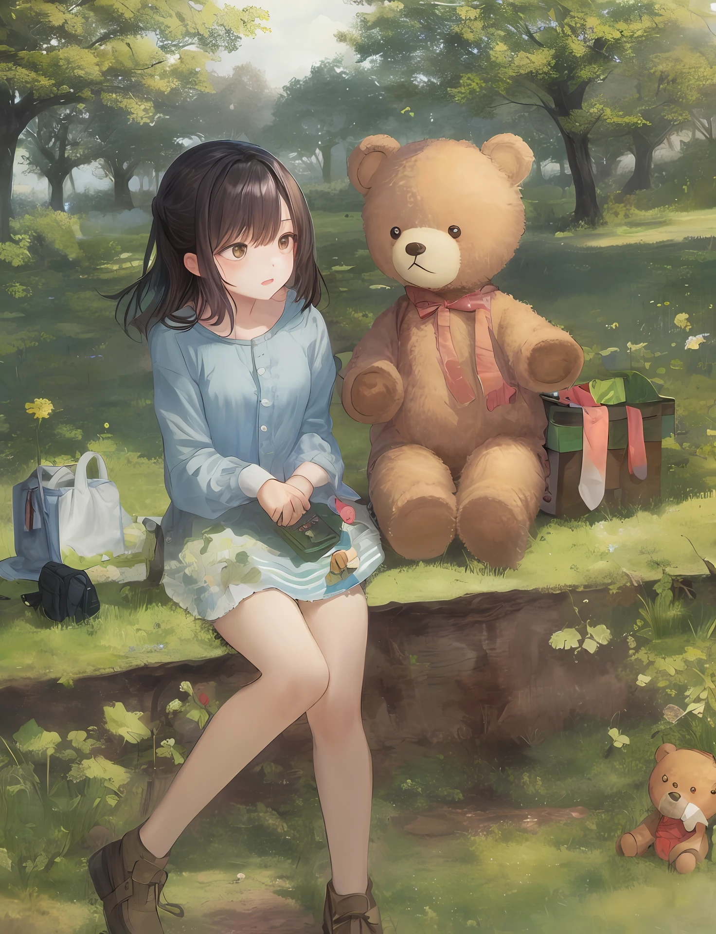 Teddy bears having a picnic in a pretty park