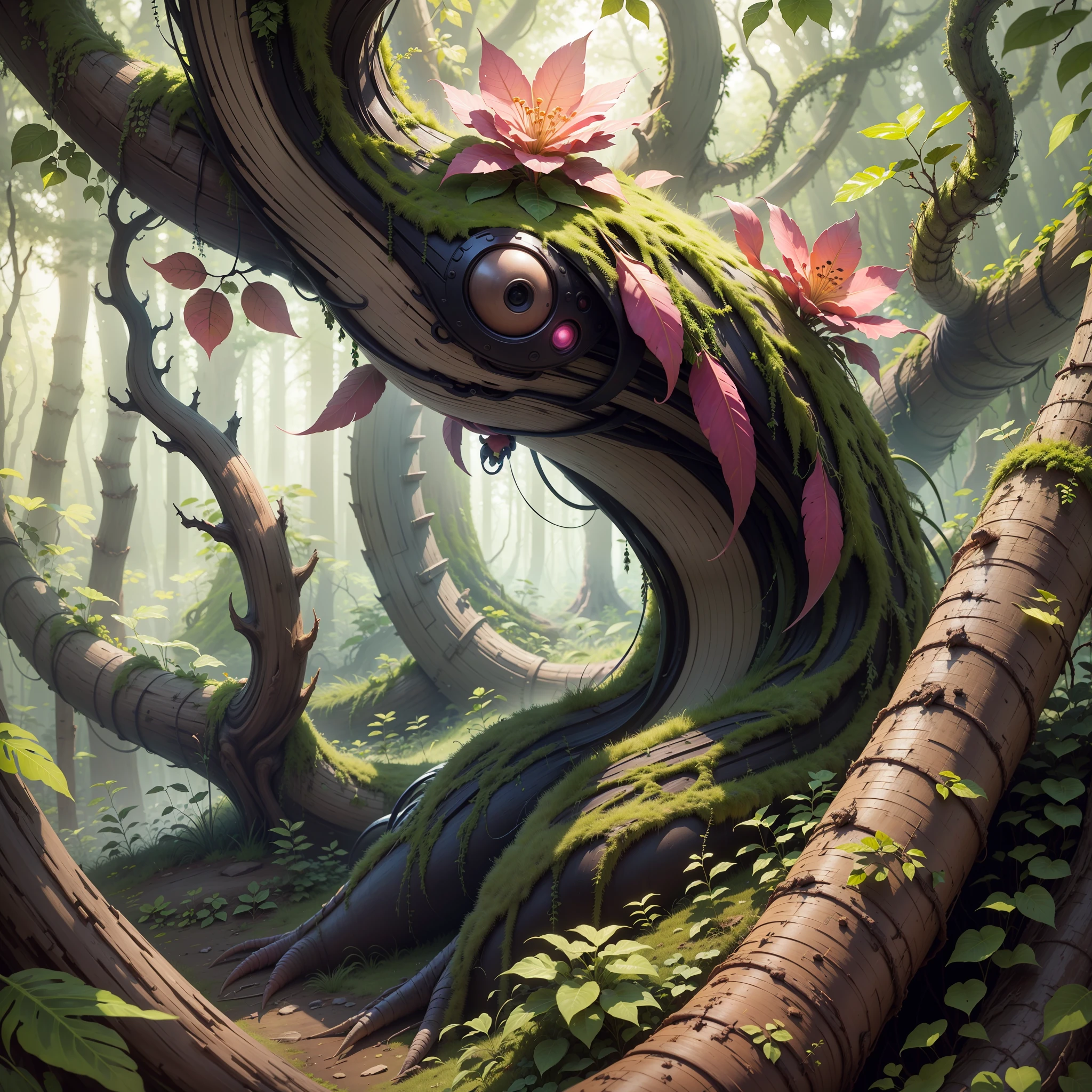 bestbestquality,A masterpiece,Need,Epic,A mutated monster,Branches stick out from the body,Wrap the leaves,In the jungle,Panoramic View,The subject is in the middle of the frame,Large movements,Glazed texture,Friendly expression,Non-human(Wood attribute 1.2),Flattening(1.4),Pink and green color scheme,Dark simple background --auto --s2