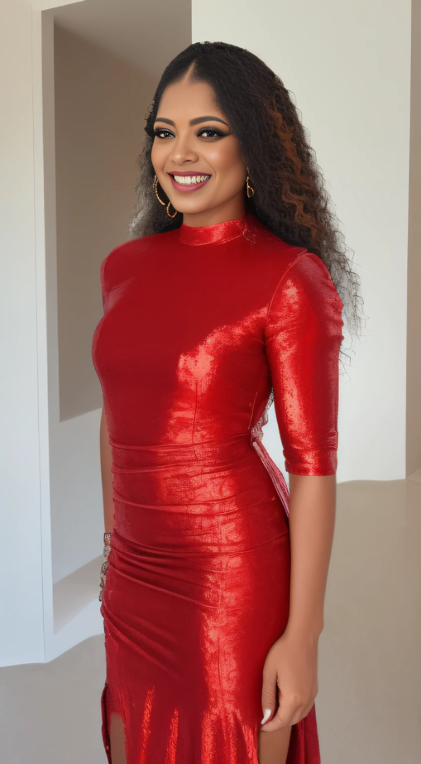 a woman in a red dress looking into the camera, Direction: Nandor Soldier, instagram, com um sorriso brilhante, imagem vazada, he is! cerca de 3 0 anos de idade, ( ( tom de pele escuro ) ), summer dress, corpo inteiro feminino, fundo bonito