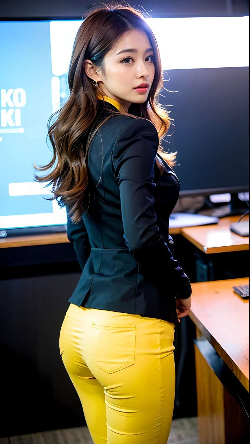 (maximum quality、8k、32k、A Masterpiece、UHD:1.2)、The girls、a beautiful Japanese woman、Constricted waist、Ivory-colored suit、Open jacket、OL、Pantsuit、Tight pants、from back、meeting room、desk、Have a PC、(stick out ass:1.2)、Neat face、big eyes、layer cut、Dari bawah、raise one leg、(Round hip line)