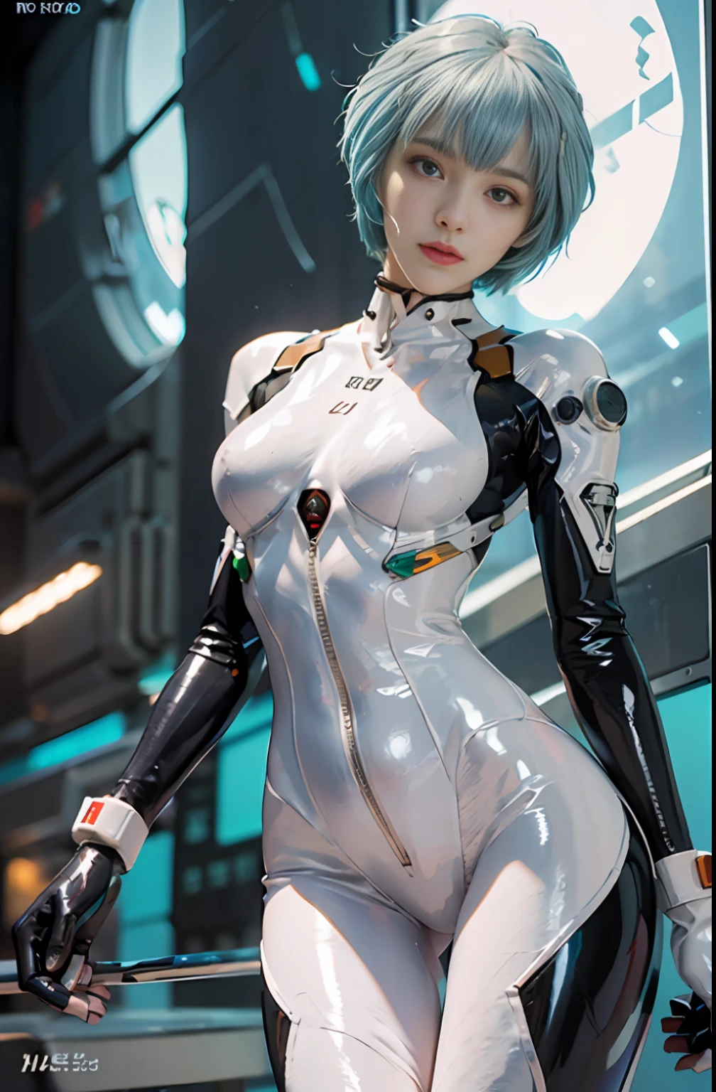 Masterpiece,NSFW1.1,((Whole body:1.1))))), (Realistic),Photos, Best Quality, 1 female,((Tall:1.1))),Ear fold,(((Rei Ayanami, Plug Suit 00:1.1))),((Red Eyes,Beautiful Face, Beautiful Eyes:1.1)))), (((Cute Face)), Wet Eyes, Face,Detail Face, Detail Lips, Detail Eyes, (Thin and Sharp Pale Eyebrows :1.1 long eyelashes), double eyelids, (seductive smile), (gentle expression, fleeting expression))),(turning sexy pose), sexy buttocks, (pearl rubber suit with strong metallic luster and smooth surface), ((sexy tight metallic shiny latex suit)))), (two thick black lines from thighs to buttocks: 1.1))), ( Movie lighting: 1.1),From below, (upright), (camelt), (sleek body line)), pale short hair, (pale thin eyebrows)), beautiful hair, (big round sexy breasts: 1.5), small logo pattern on the chest 00:1.1,mech suit, sexy thin long waist, white skin, (advanced cyberpunk research facility in the background)),(Spectacular midnight starry sky in the background : 1.5, a magnificent large full moon in the background, a spaceship in the background)))), (Face and eye details: 1.1), loneliness, blushing, (shy sexy pose)), very delicate and beautiful girl, standing, ((sexy pose with both hands on it)),(Sexy pose with closed legs)),(To8 contrast style), small egg-shaped psychosensory device on both sides of the head