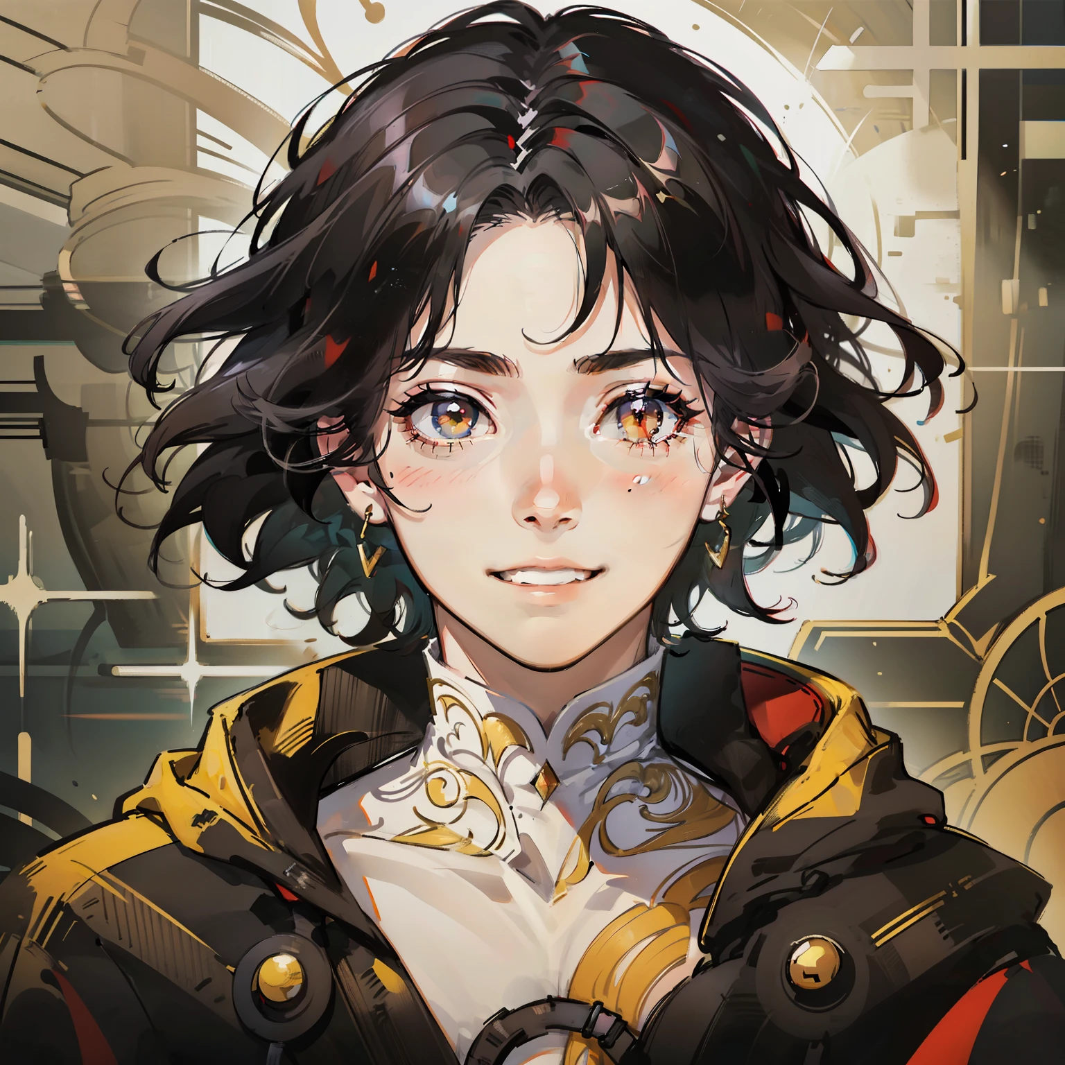 (((1boy))), ((toned)), male focus, masterpiece, high quality, (masterpiece:1.2), (best quality:1.2), shiny, realistic, ornate, intricate skin, ((black hair)), (red highlights), (messy hair), red eyes, bangs, black and red cloak, earrings, solo, elegant, looking_at_viewer, yellow_eyeliner, FH , looking at the horizon, pupils constricted, (shadows cast over the face:1.3), dark room, shadow room, big grin, (upper body)