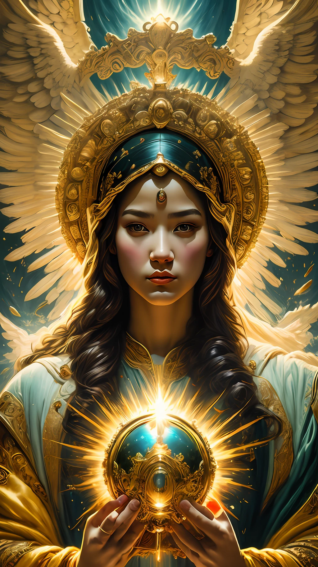 Retrato muy detallado de un halo de luz de Dios Sol de Jesucristo, tez morena, rostro limpio, oro en sus vestiduras, motor irreal, arte de Mark Ryden, Lostfish, Earl Norem, Global illumination, rayos de Dios, entorno detallado e intrincado, estilo Elden Ring