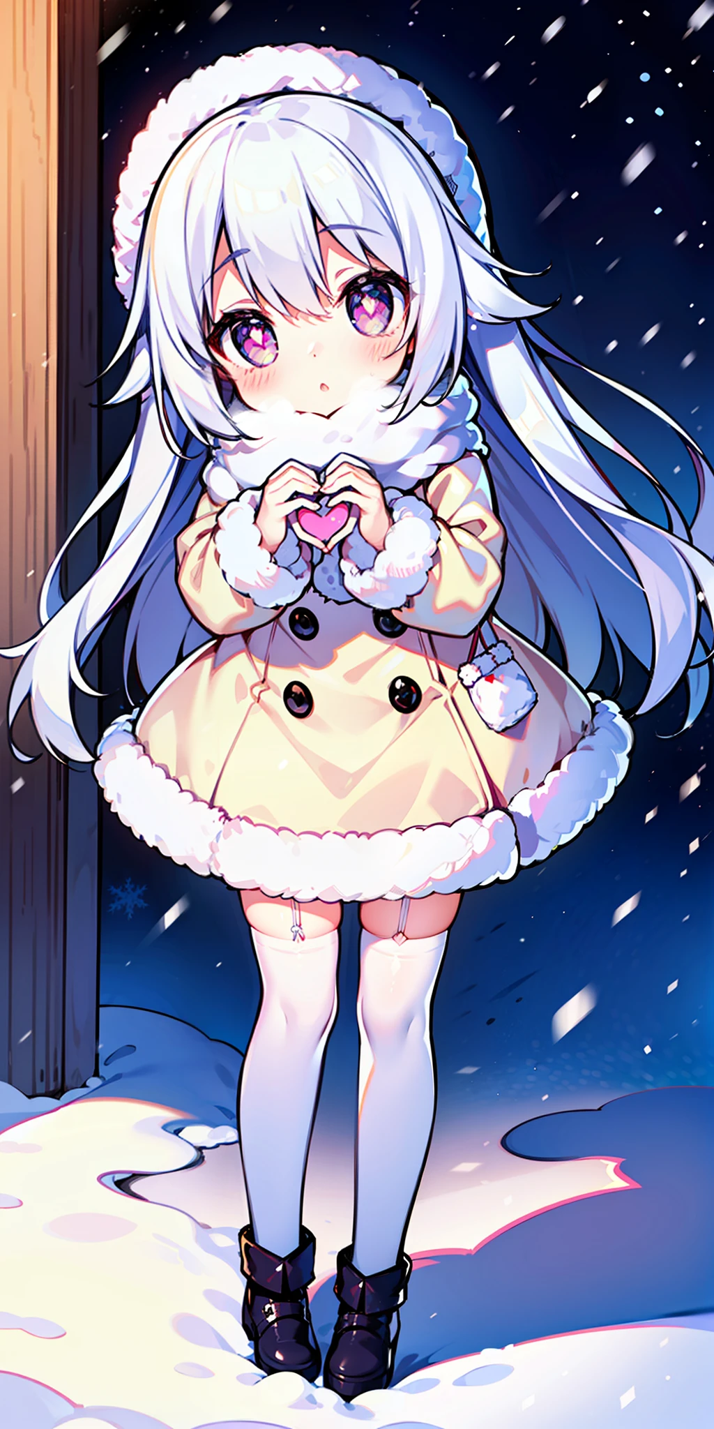 Loli, long hair, cute, heart-shaped pupils, solo, white hair, blush, winter, snow, outdoors, white stockings, standing