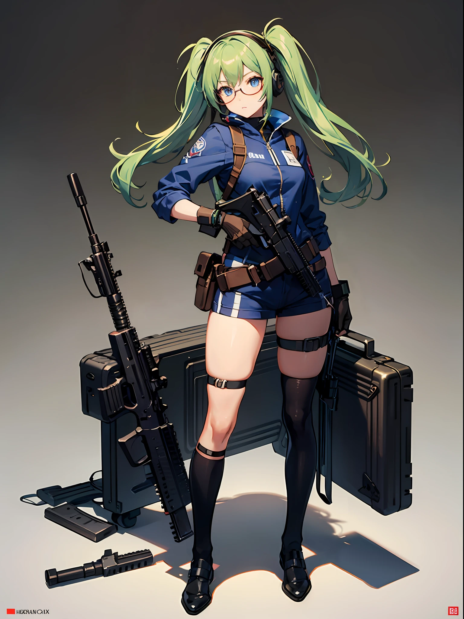 ((best quality)), ((masterpiece)), ((high res)), 1girl, assault rifle, blue eyes, full body, gloves, green hair, gun, handgun, headset, heckler & koch, holding and aiming gun, holding weapon, holster, kochiy sanae, m4 carbine, pistol, rifle, solo, submachine gun, suppressor, thigh holster, thigh strap, trigger discipline, weapon, glasses, twintails, medium hair