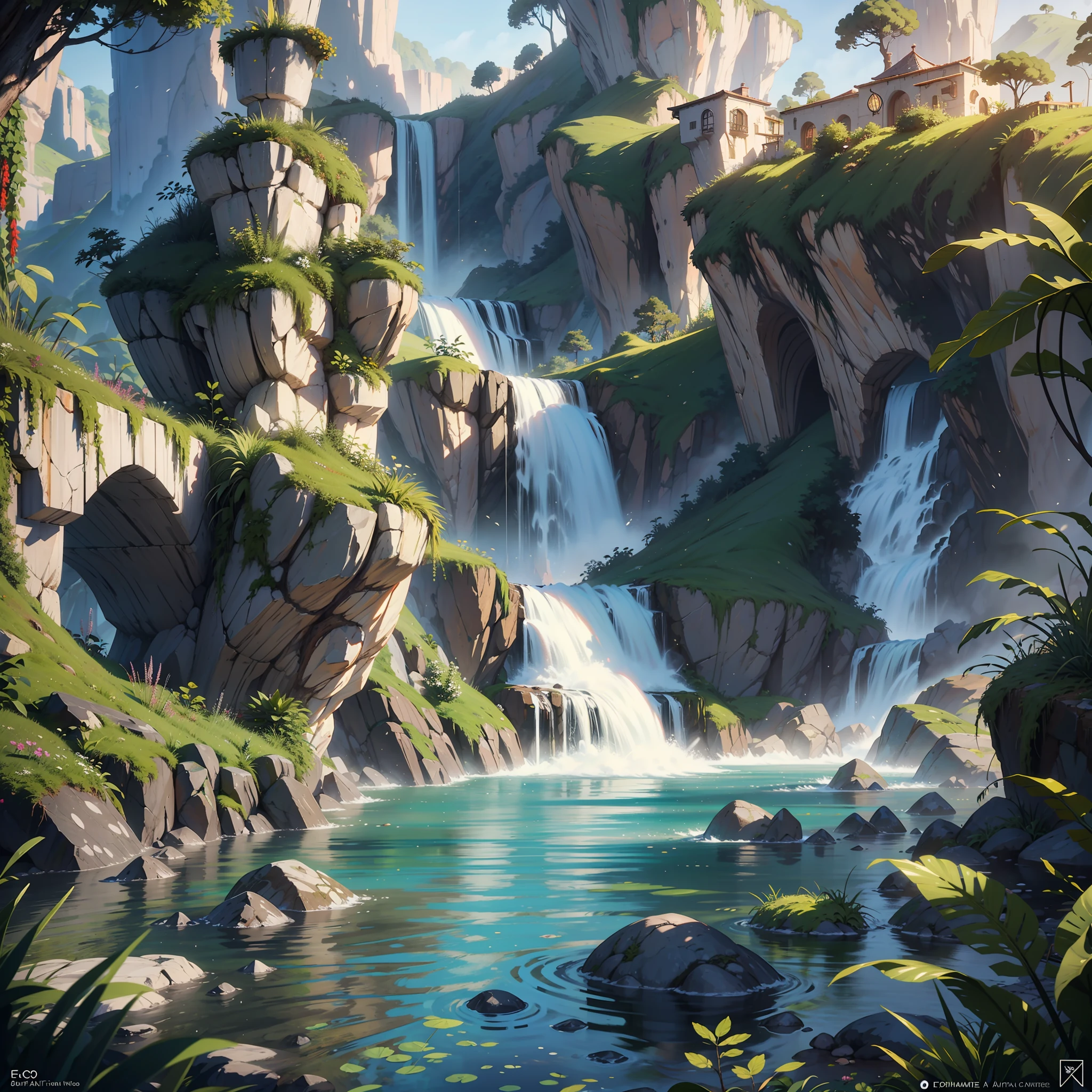 there is a waterfall in a garden with a waterfall in the background, Ambiente Art Nouveau Jungle, Unreal Engine Arte de fantasia, Unreal Engine 5 Arte Digital, beautiful render of a fairytale, 8k arte detalhada de alta qualidade, bela arte conceitual, 8 k arte conceitual de alto detalhe, mundo coberto de fantasia, ambiente de fantasia, magical environment, realistic fantasy rendering, estilo fantasia 8 k octane render