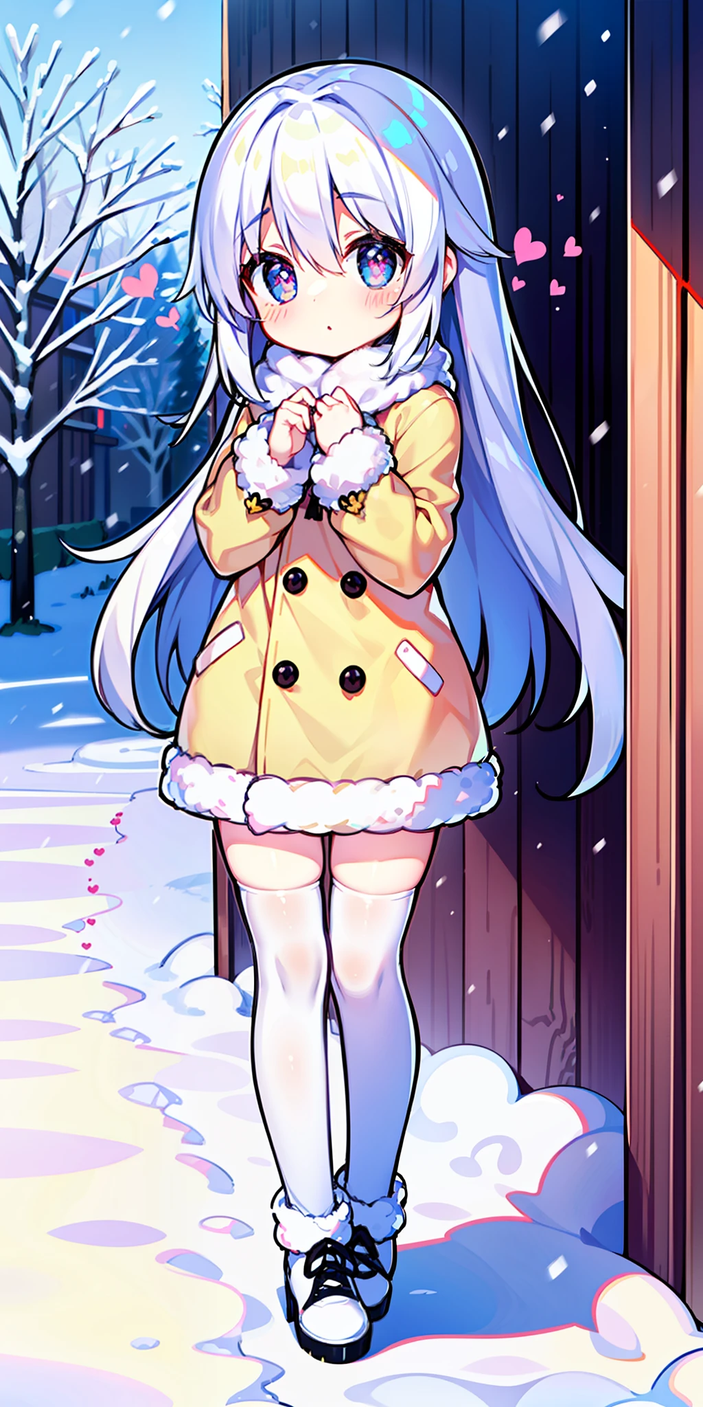 ****, long hair, cute, heart-shaped pupils, solo, white hair, blush, winter, snow, outdoors, white stockings, standing